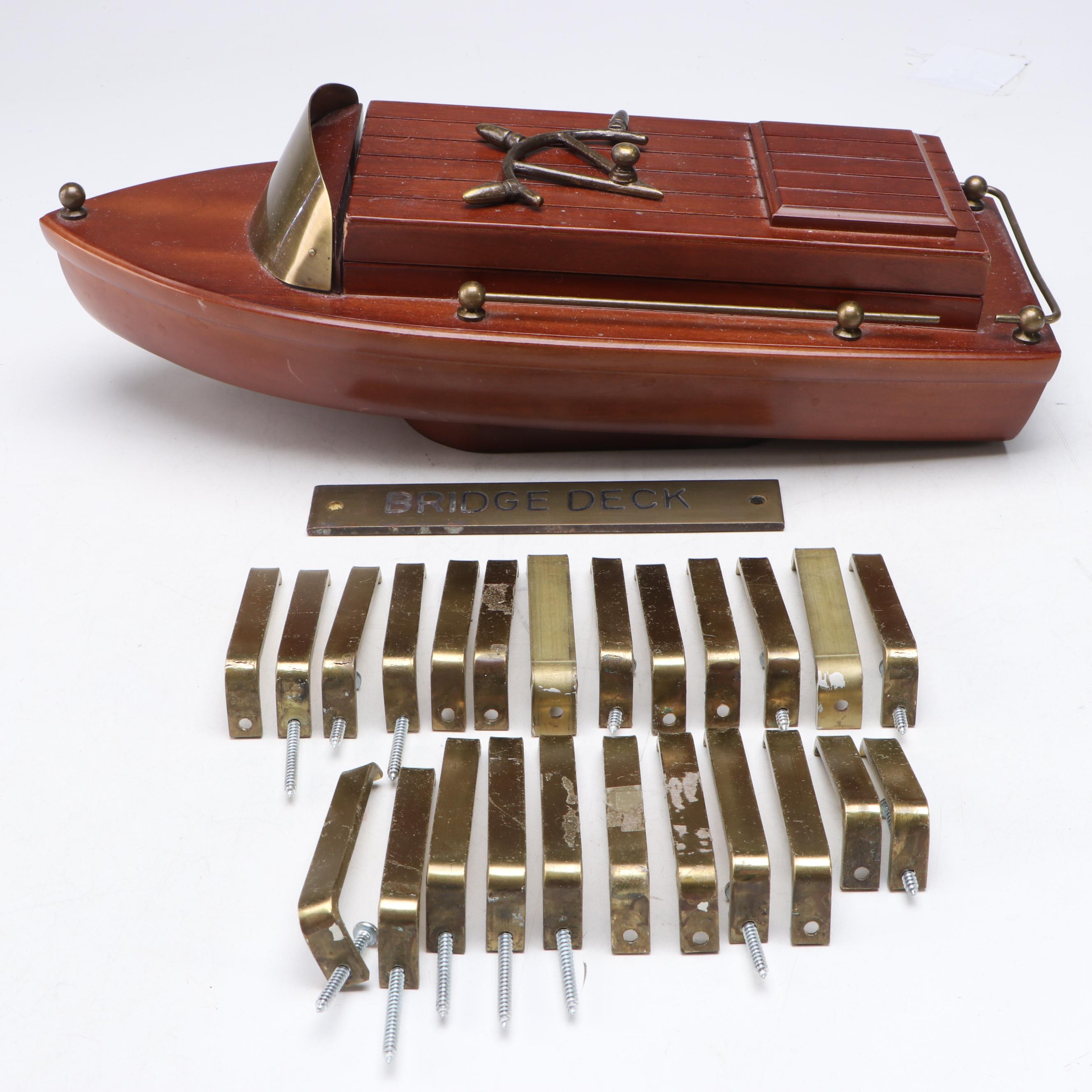 Mid Century Modern Style Wood and Brass Boat Box with Ship Hardware