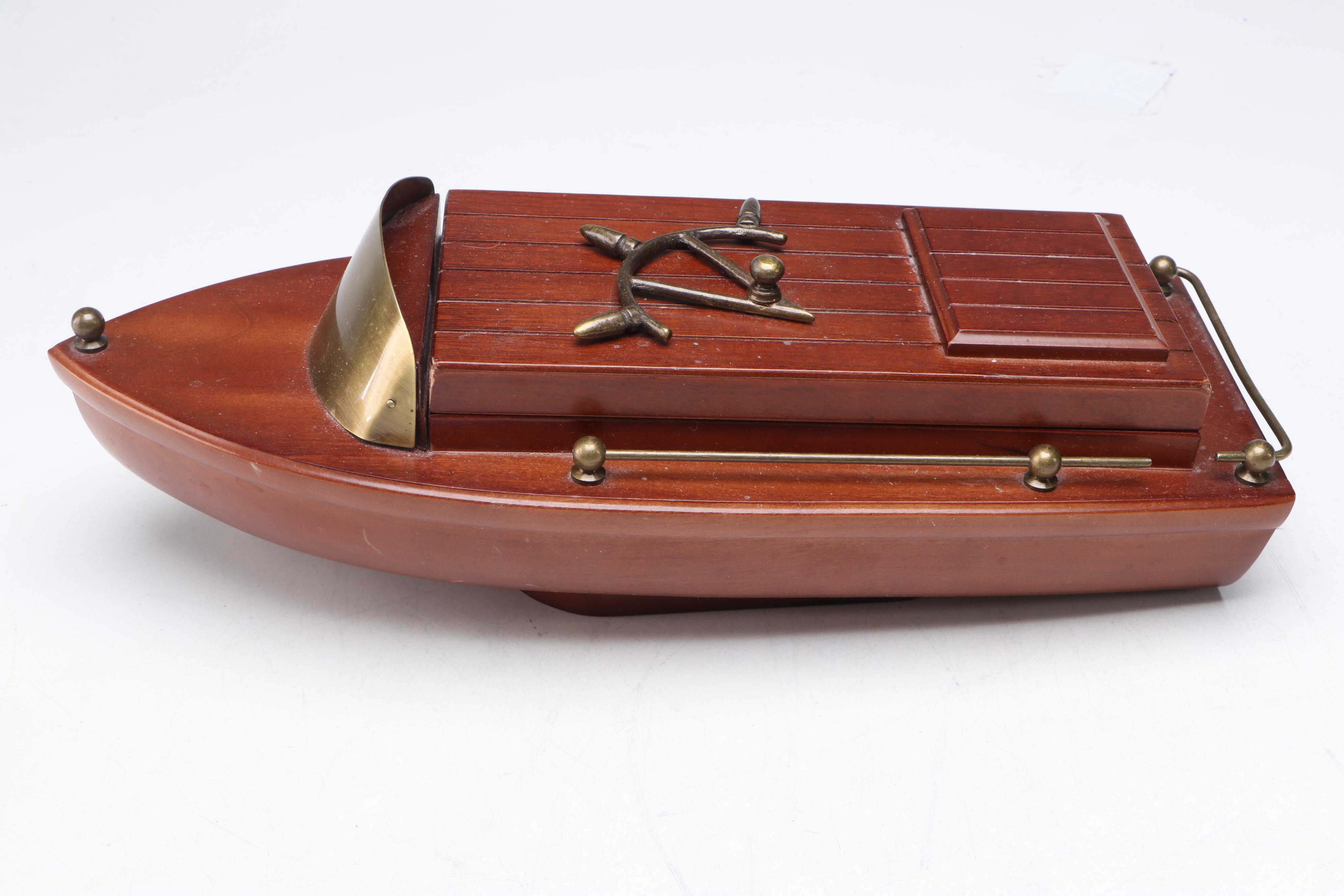 Mid Century Modern Style Wood and Brass Boat Box with Ship Hardware