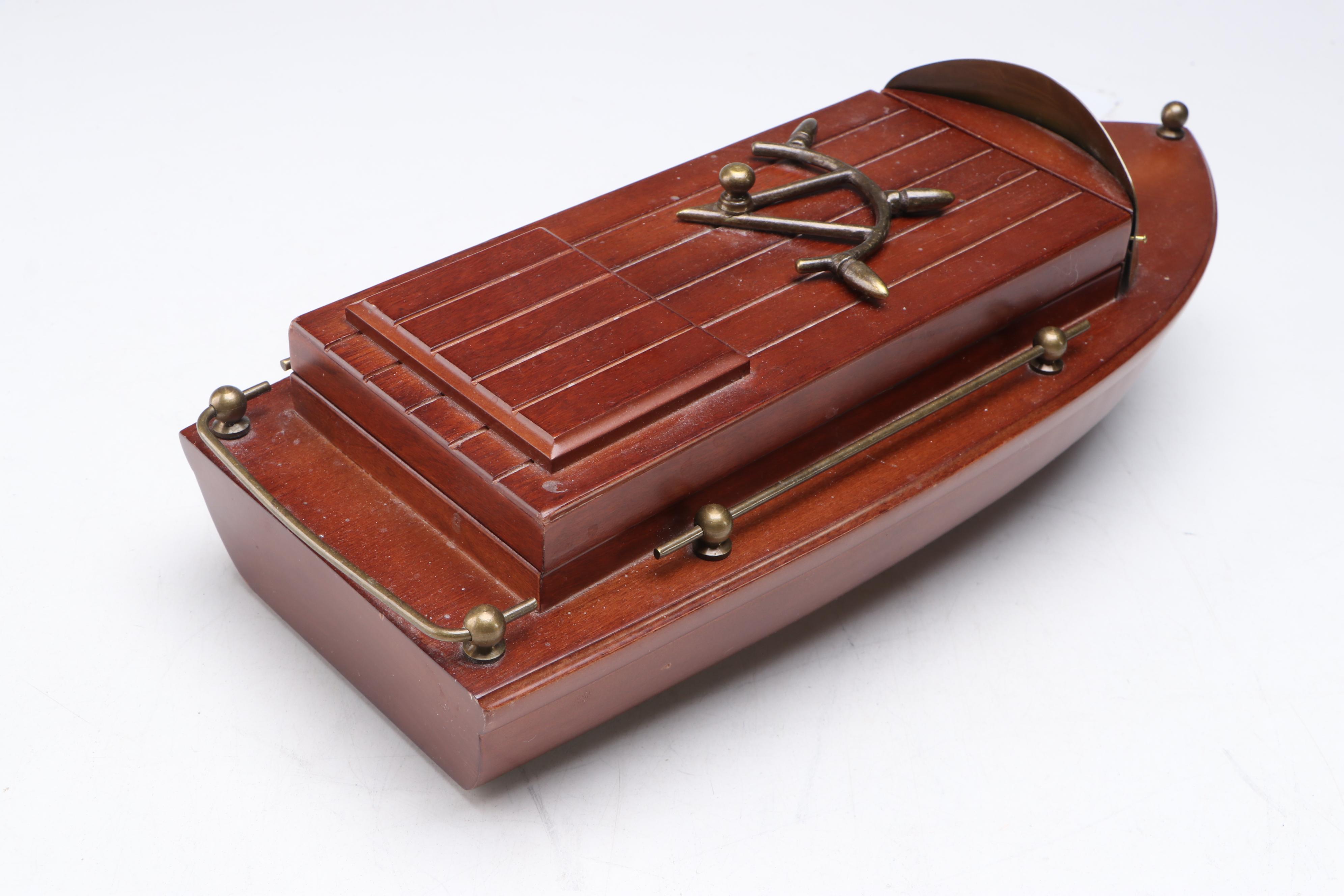 Mid Century Modern Style Wood and Brass Boat Box with Ship Hardware