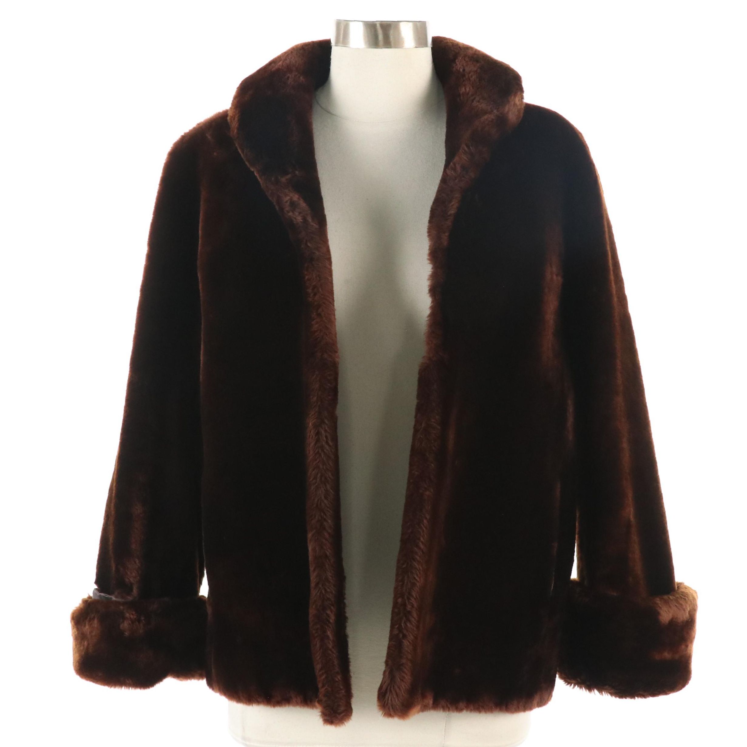 Vintage Mouton Fur Rolled Sleeve Coat, Mid-20th Century
