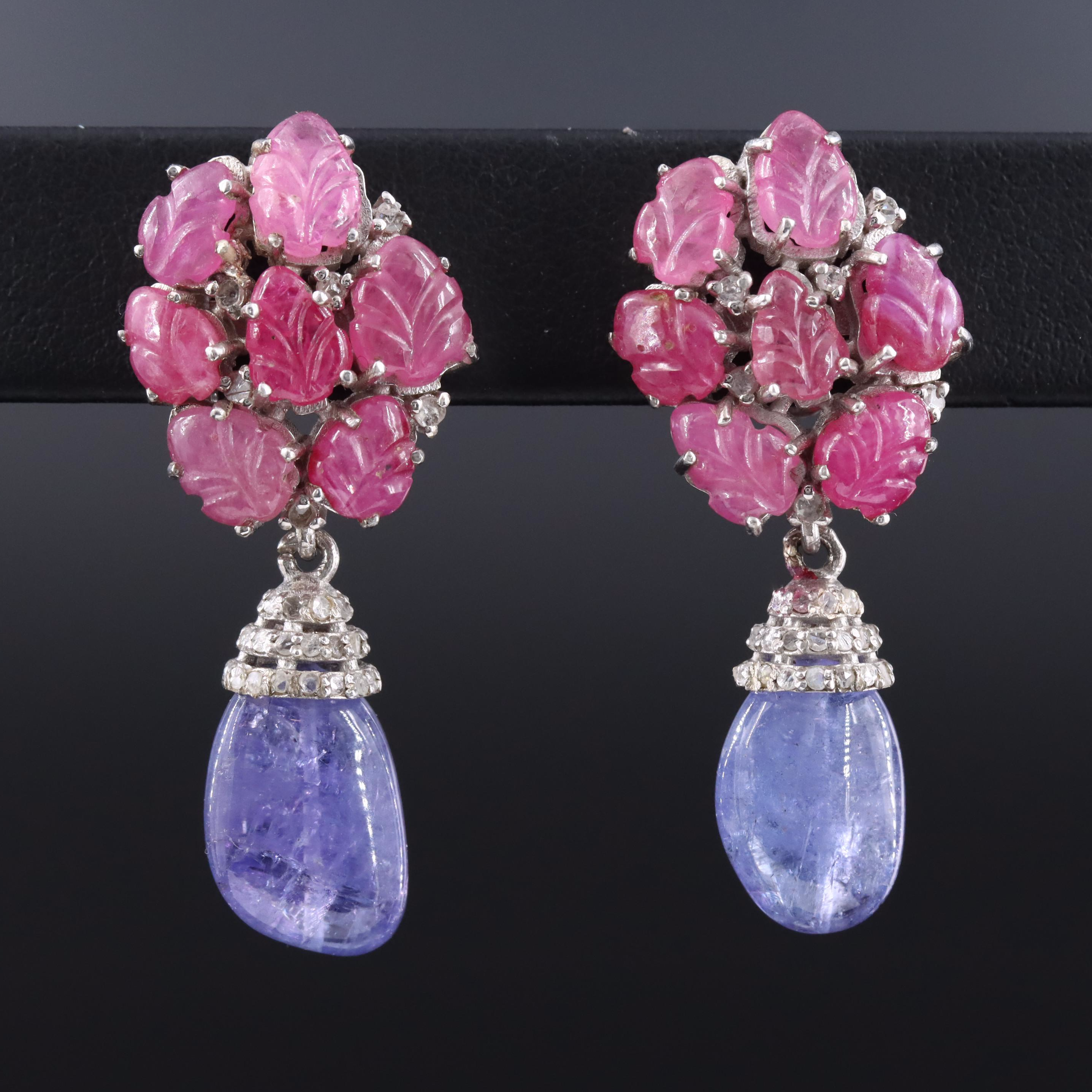 Sterling Ruby, Tanzanite, and Diamond Drop Earrings