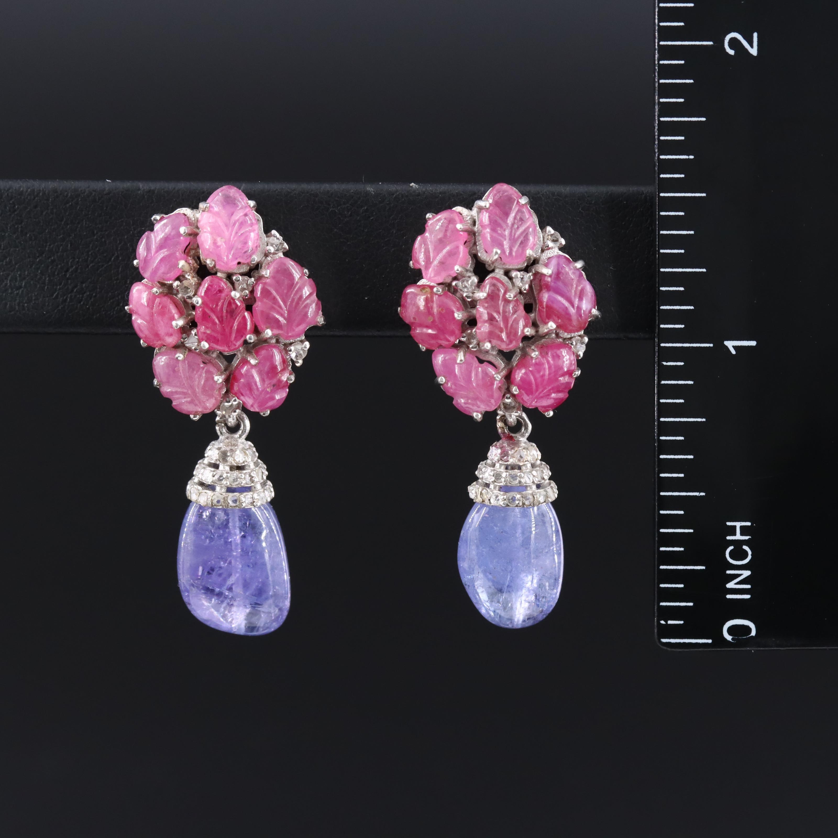Sterling Ruby, Tanzanite, and Diamond Drop Earrings