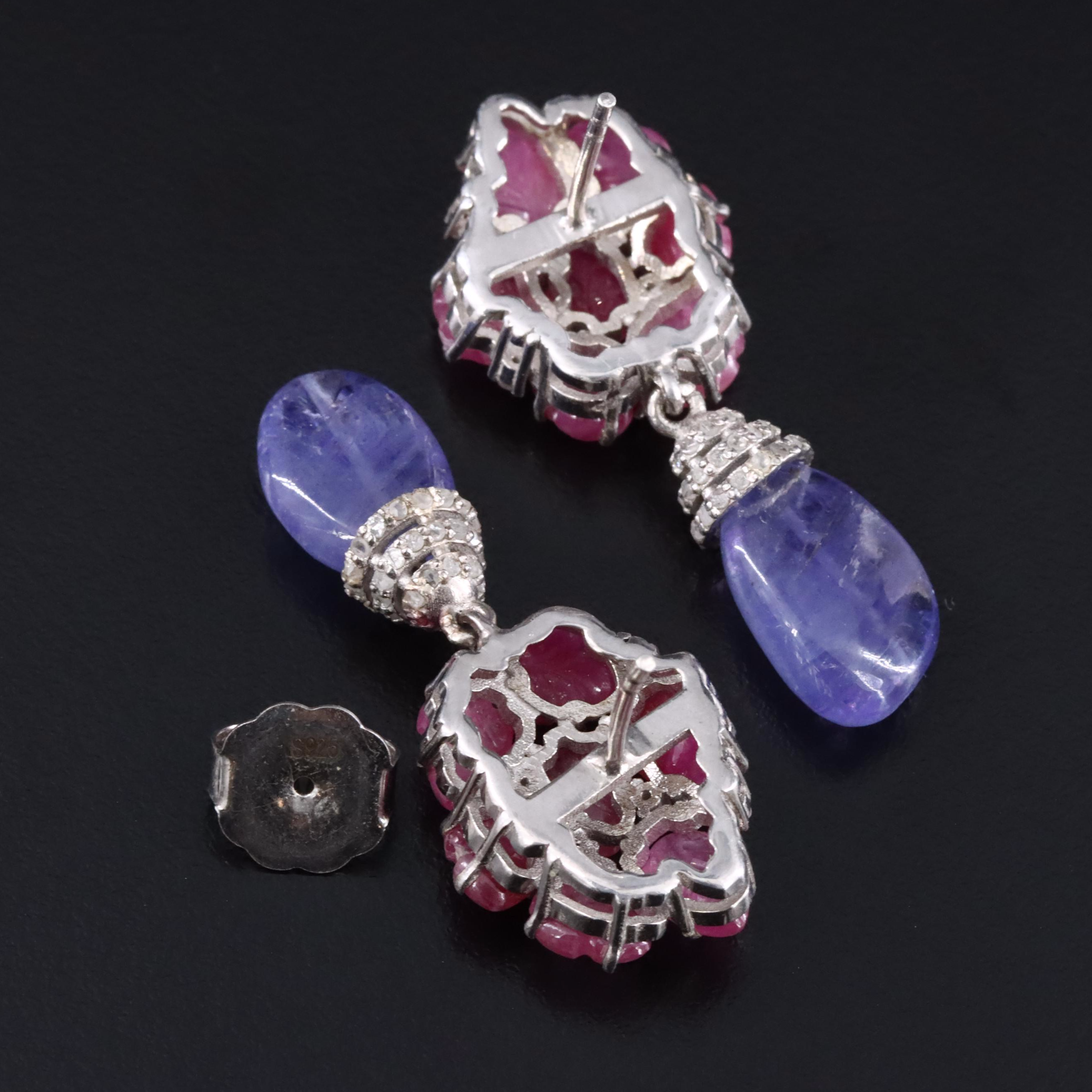 Sterling Ruby, Tanzanite, and Diamond Drop Earrings