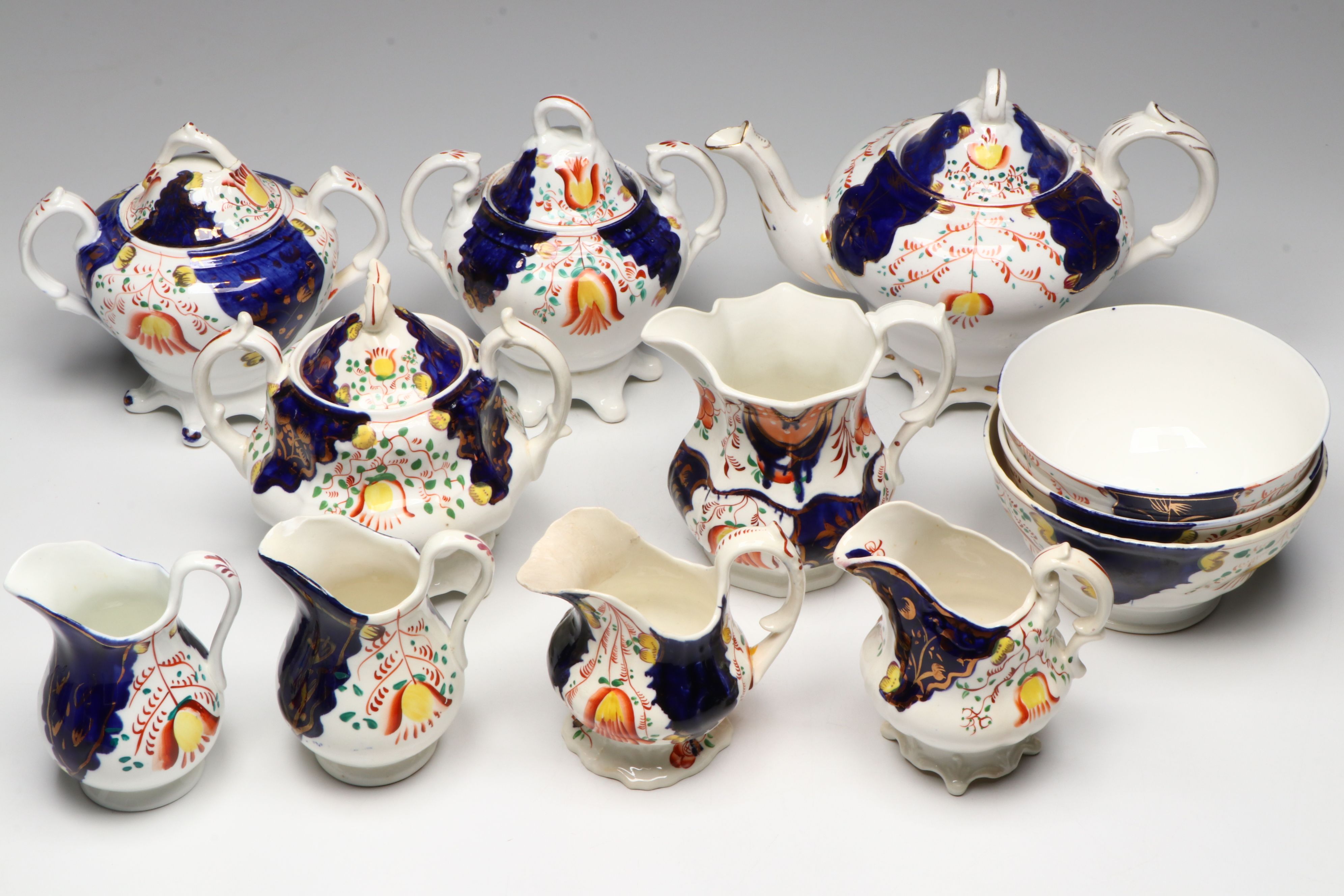 English Gaudy Welsh Tulip Dinnerware and Serving Pieces