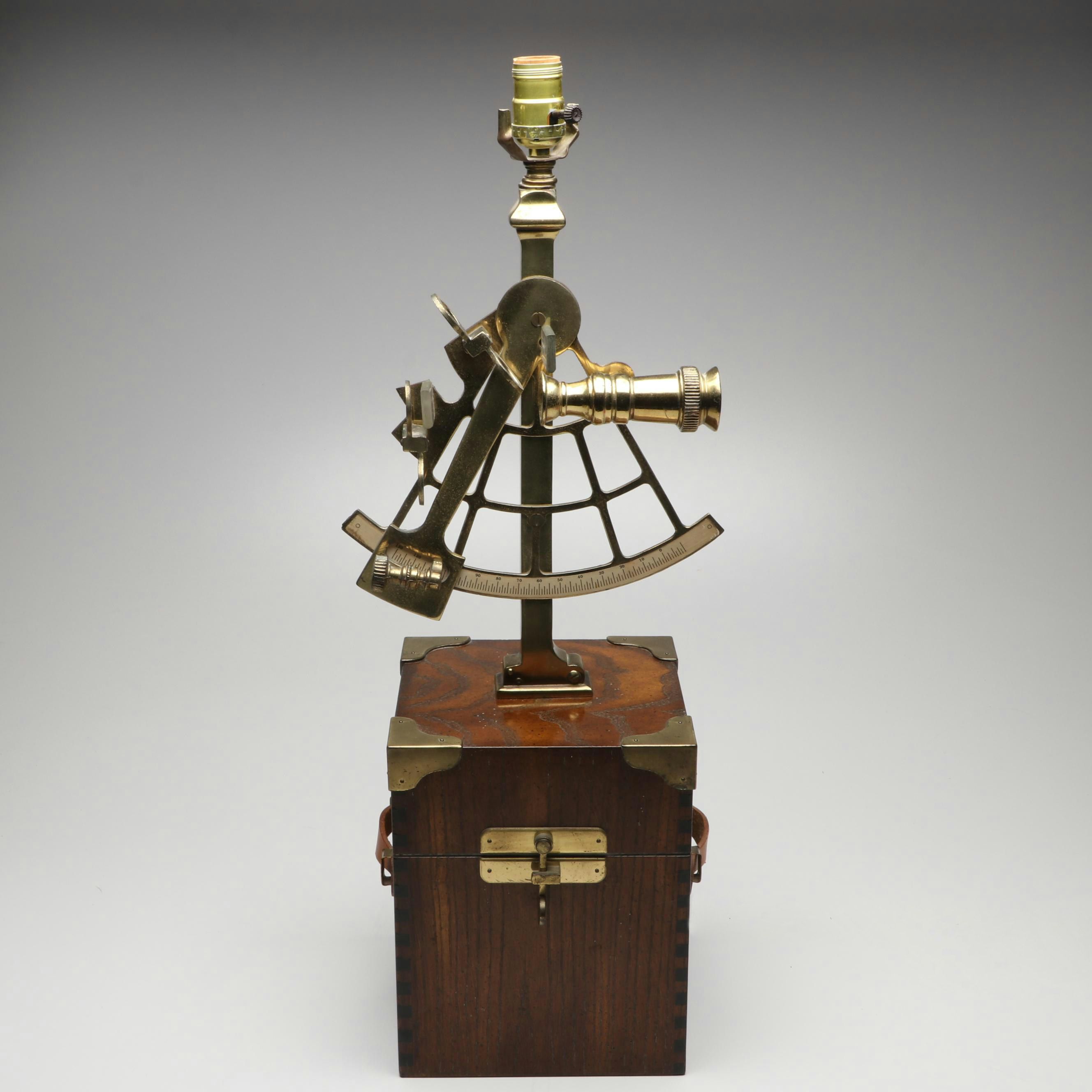 Knob Creek Nautical Wood and Brass Sextant Table Lamp, 20th Century