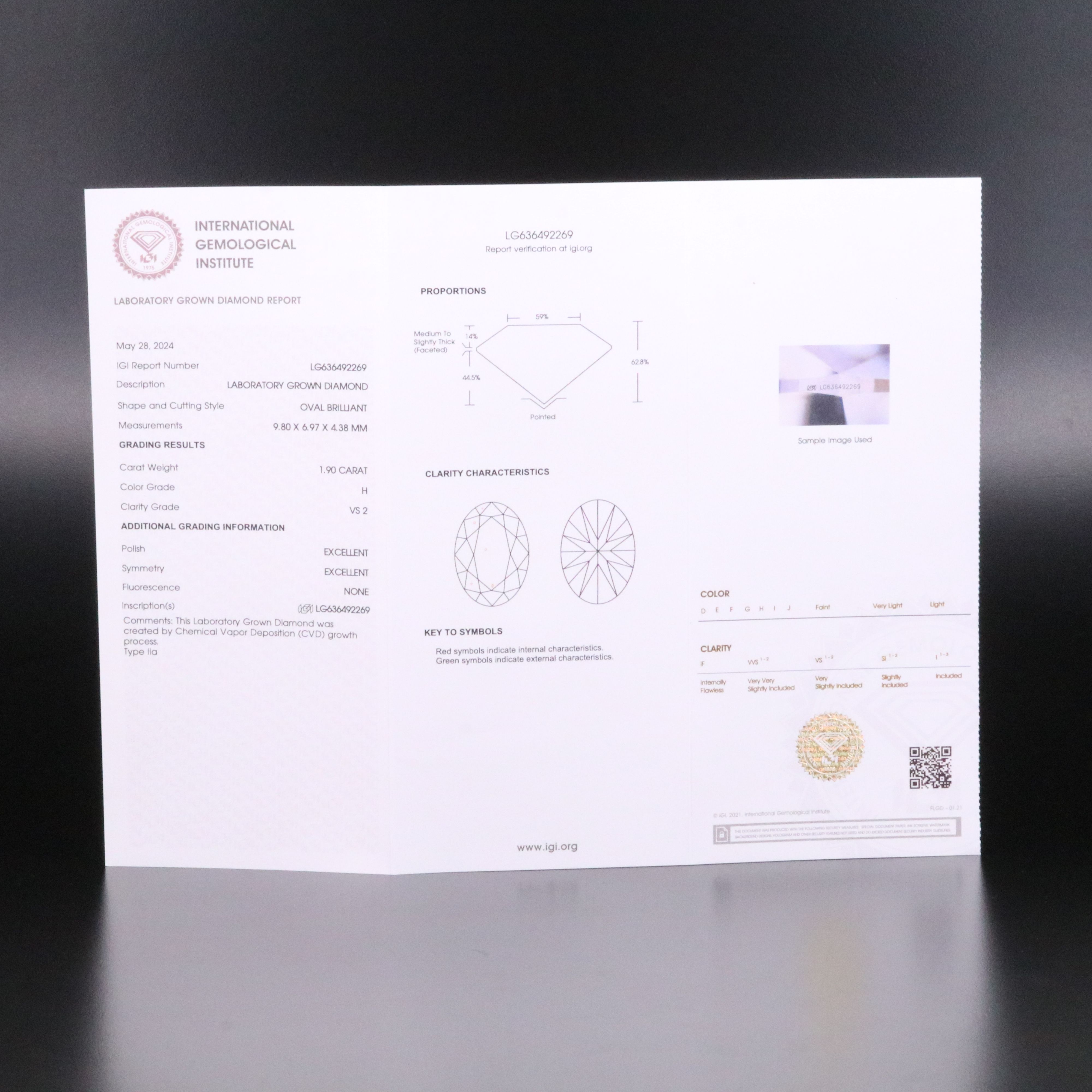 Loose 1.90 CT Lab Grown Diamond with IGI Report
