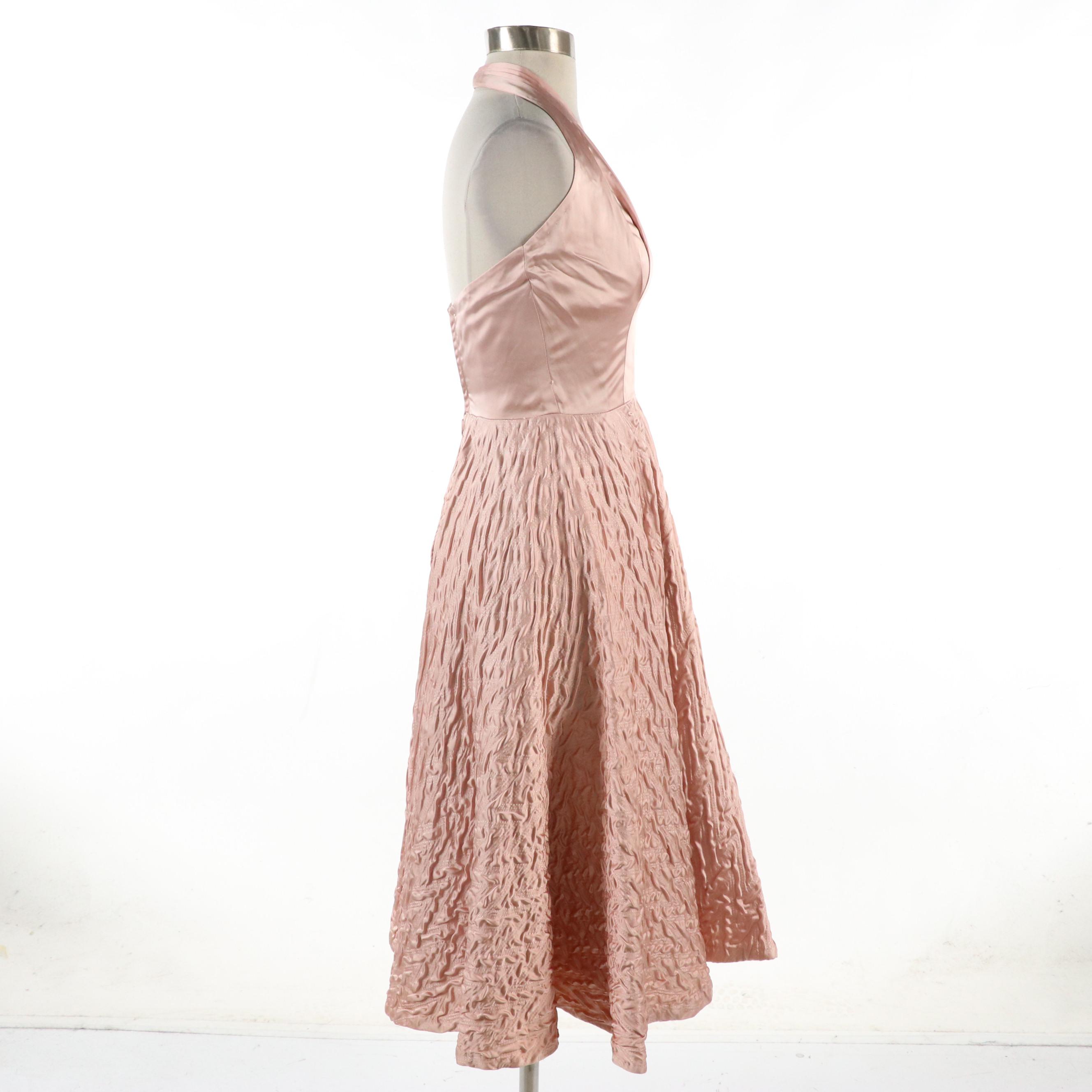 Halter Swing Cocktail Dress in Blush Rose Satin, 1950s