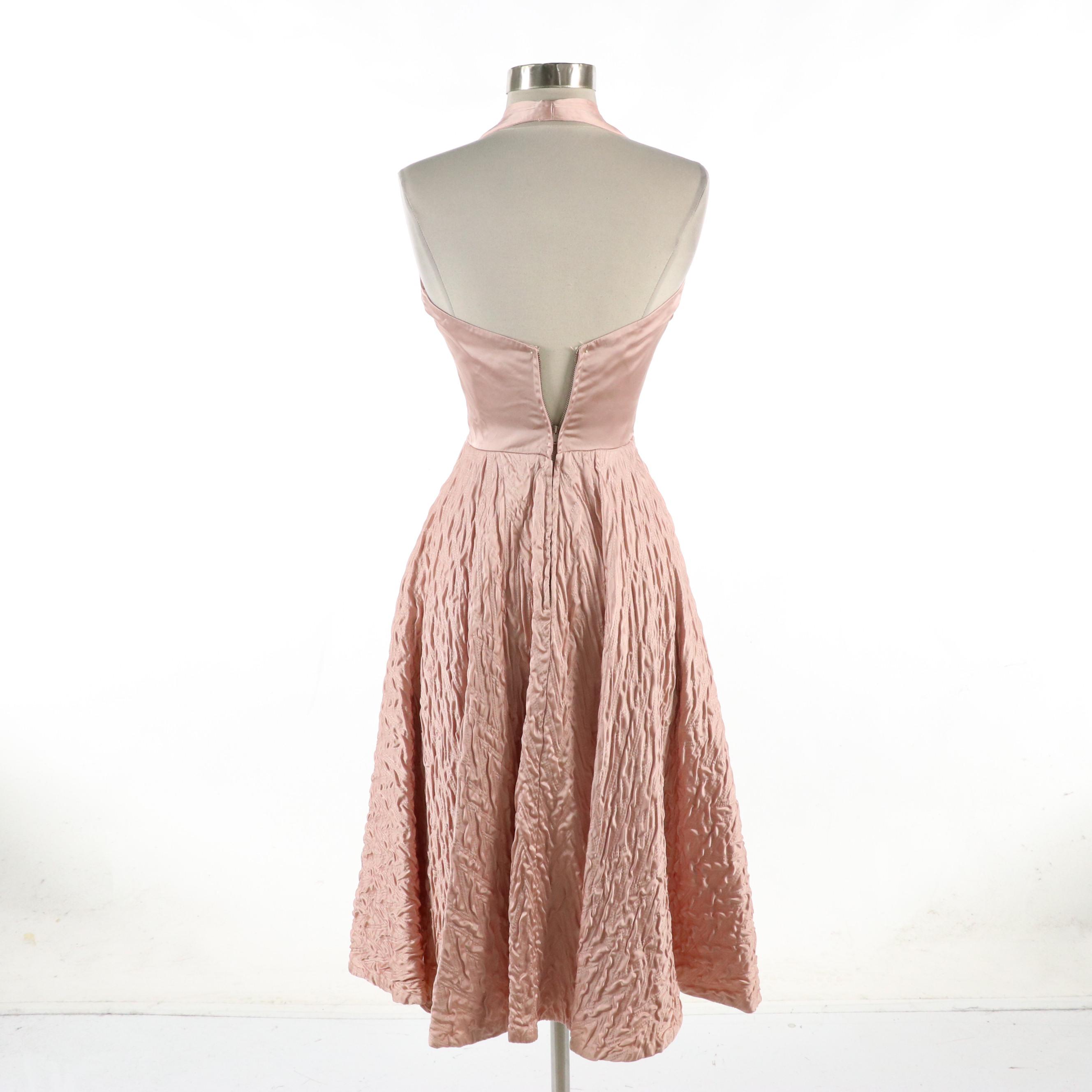 Halter Swing Cocktail Dress in Blush Rose Satin, 1950s