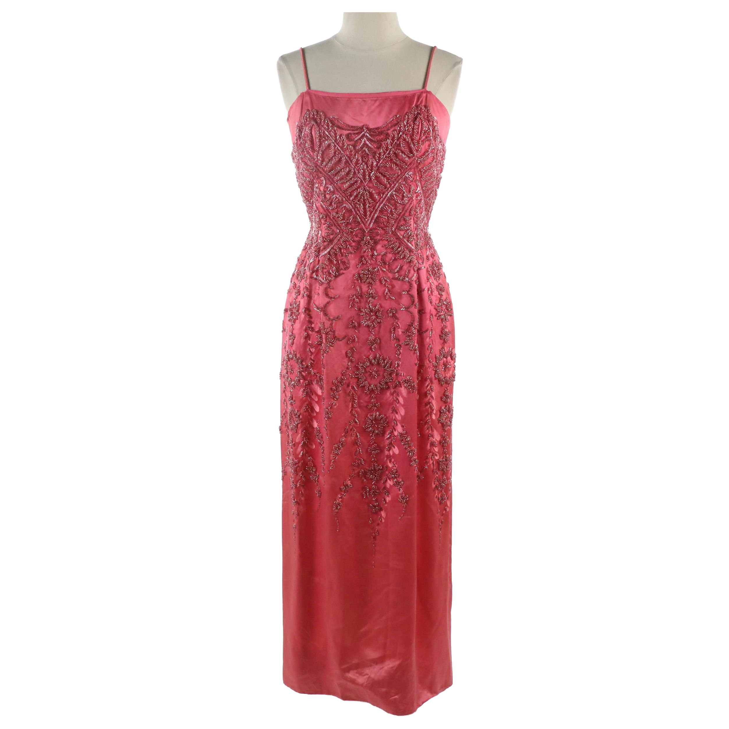 Sleeveless Hand-Beaded Dress in Silk Satin from Robinson's California, 1960s