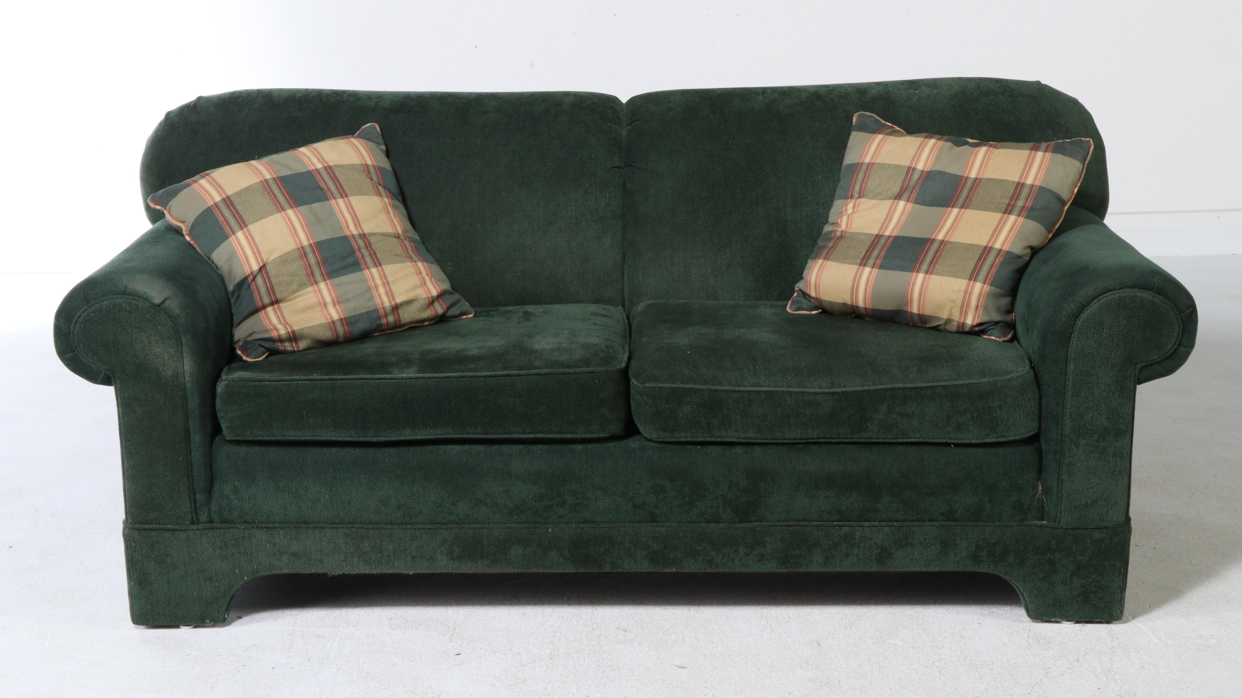 Pair of Emerald Green Upholstered Loveseats with Plaid Accent Pillows