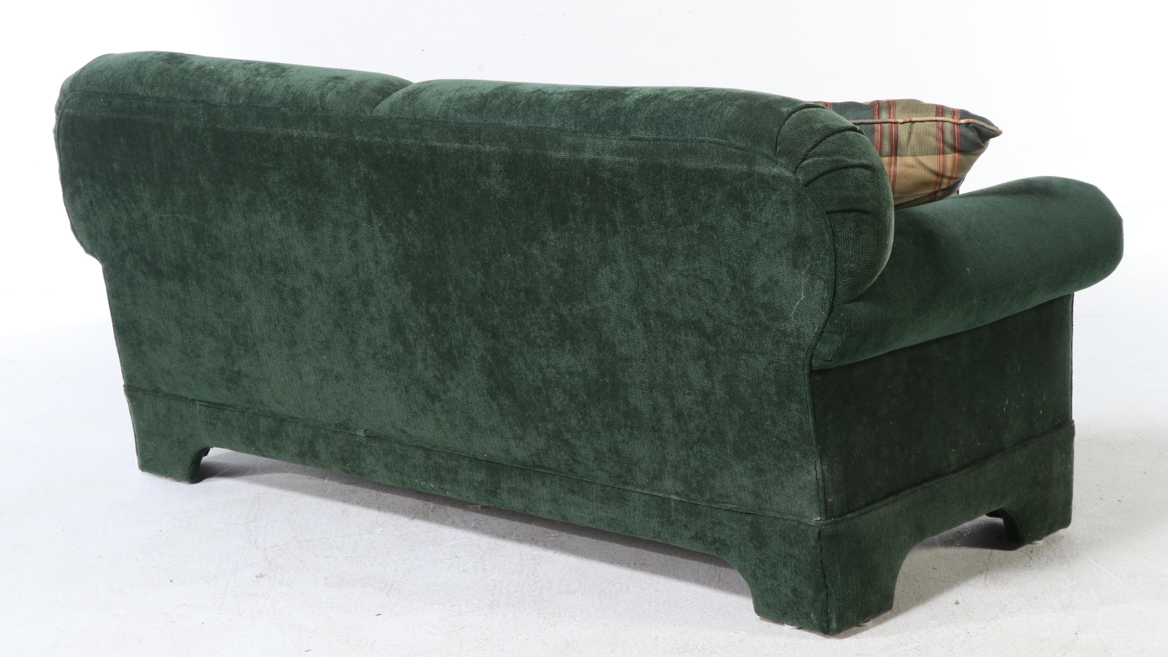 Pair of Emerald Green Upholstered Loveseats with Plaid Accent Pillows
