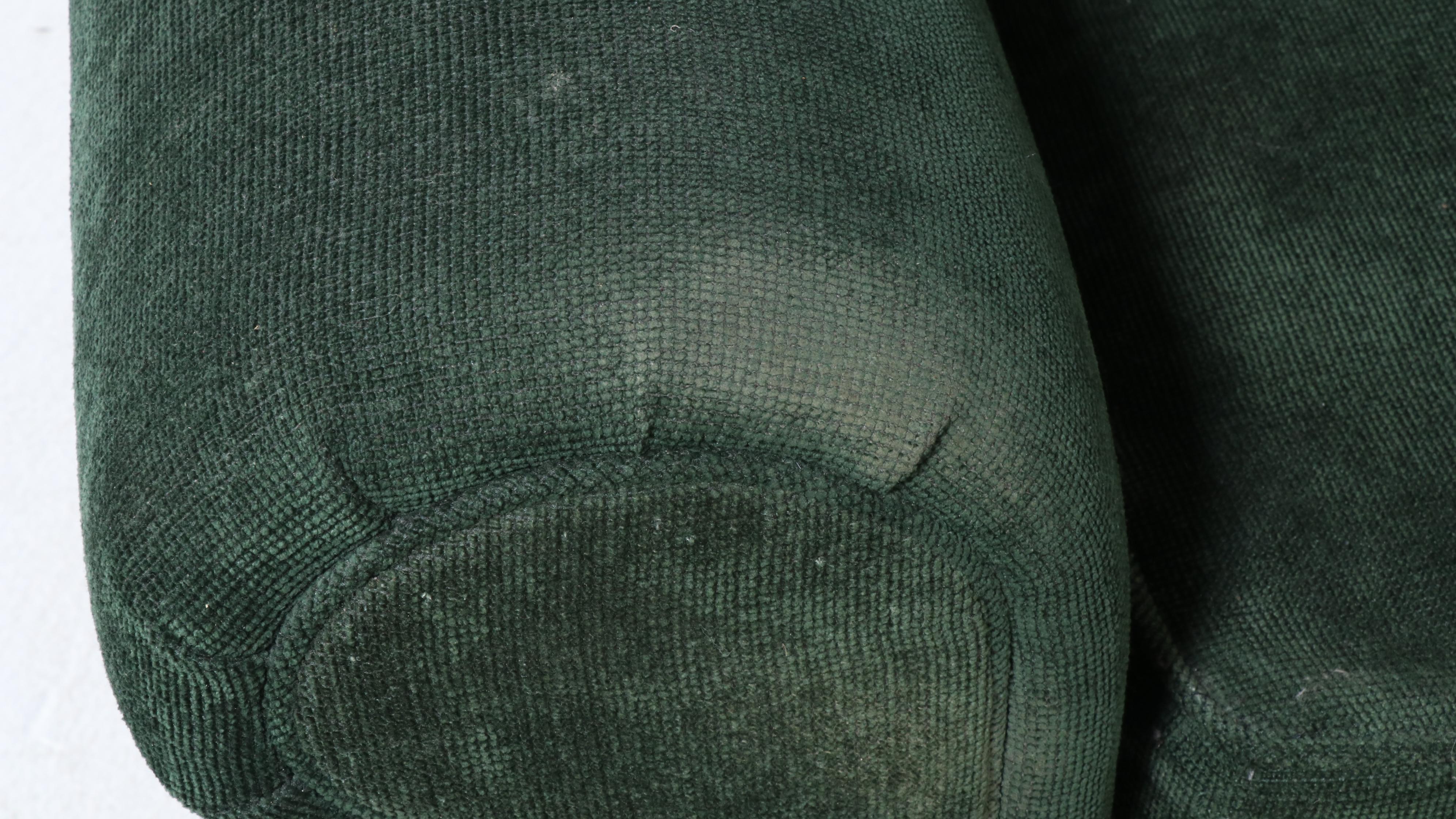 Pair of Emerald Green Upholstered Loveseats with Plaid Accent Pillows