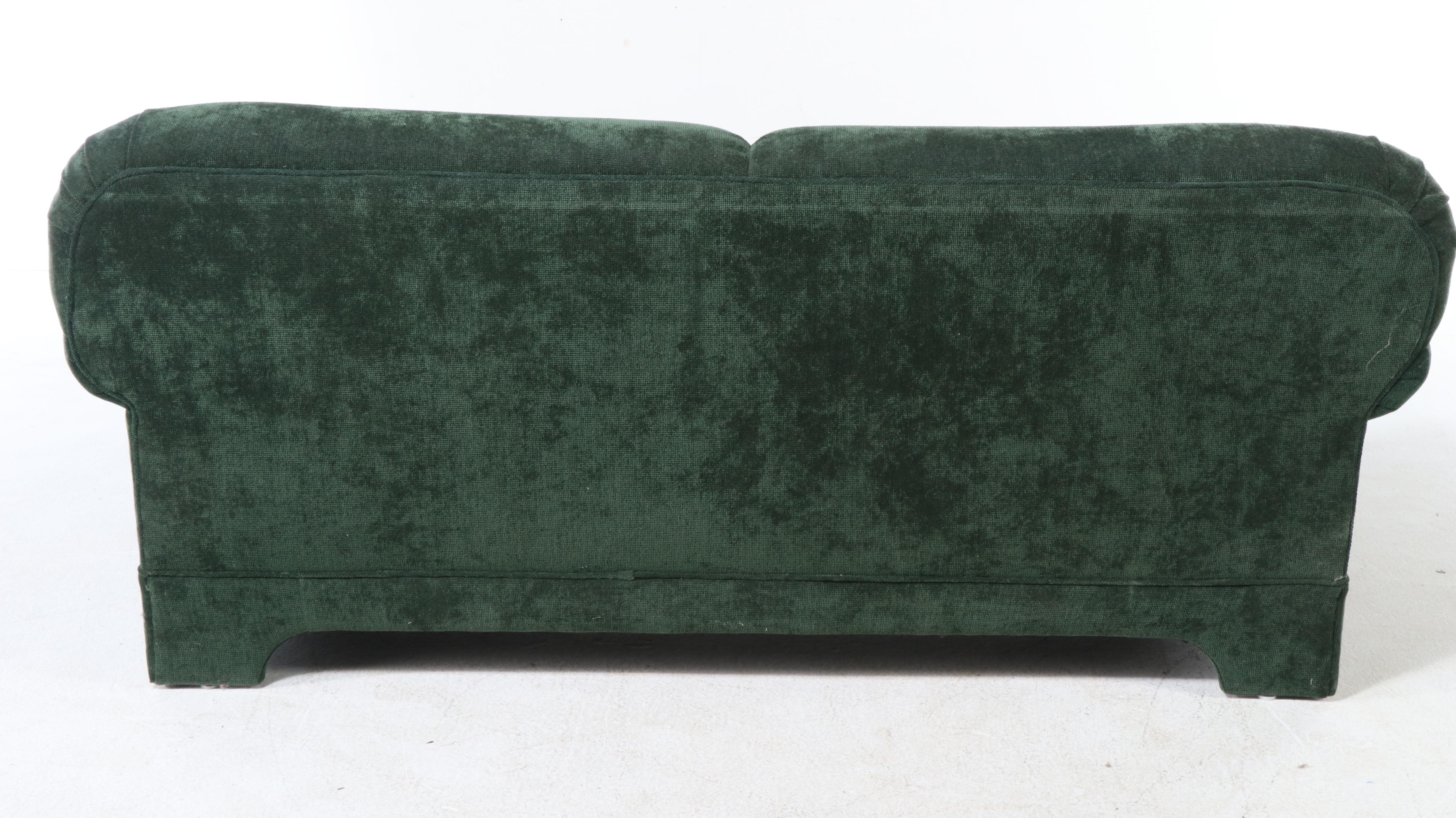 Pair of Emerald Green Upholstered Loveseats with Plaid Accent Pillows