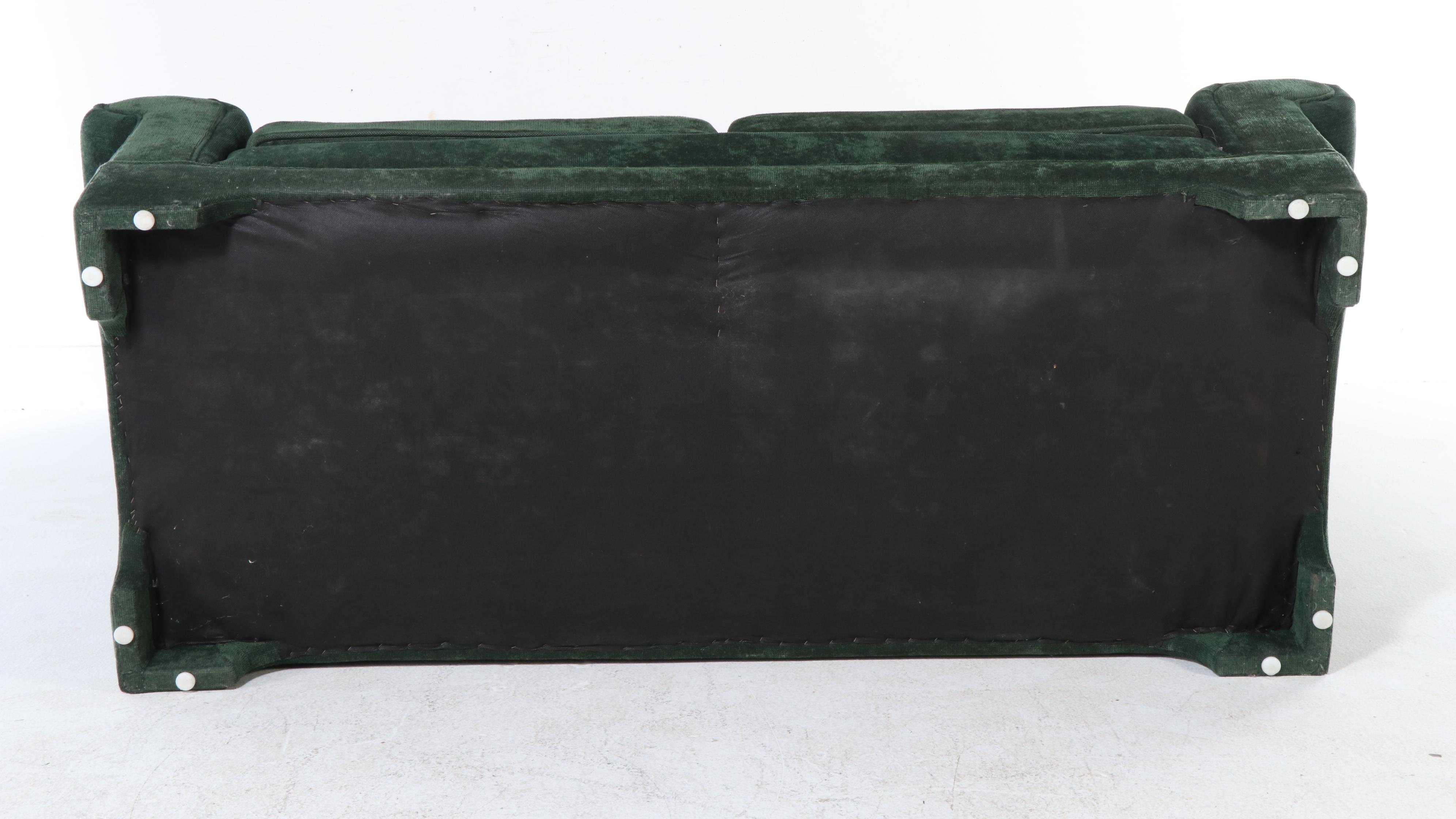 Pair of Emerald Green Upholstered Loveseats with Plaid Accent Pillows