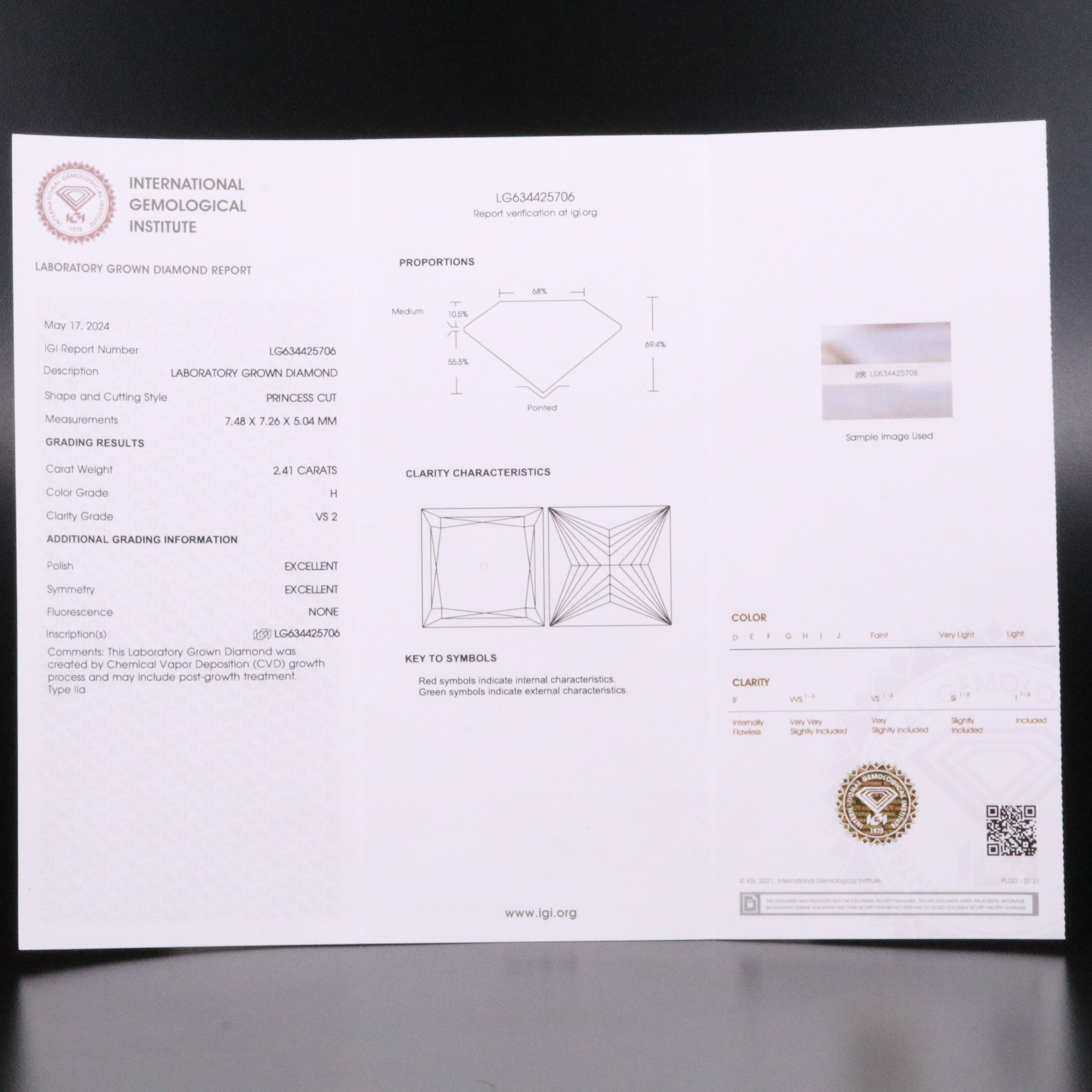 Loose 2.41 CT Lab Grown Diamond with IGI Report