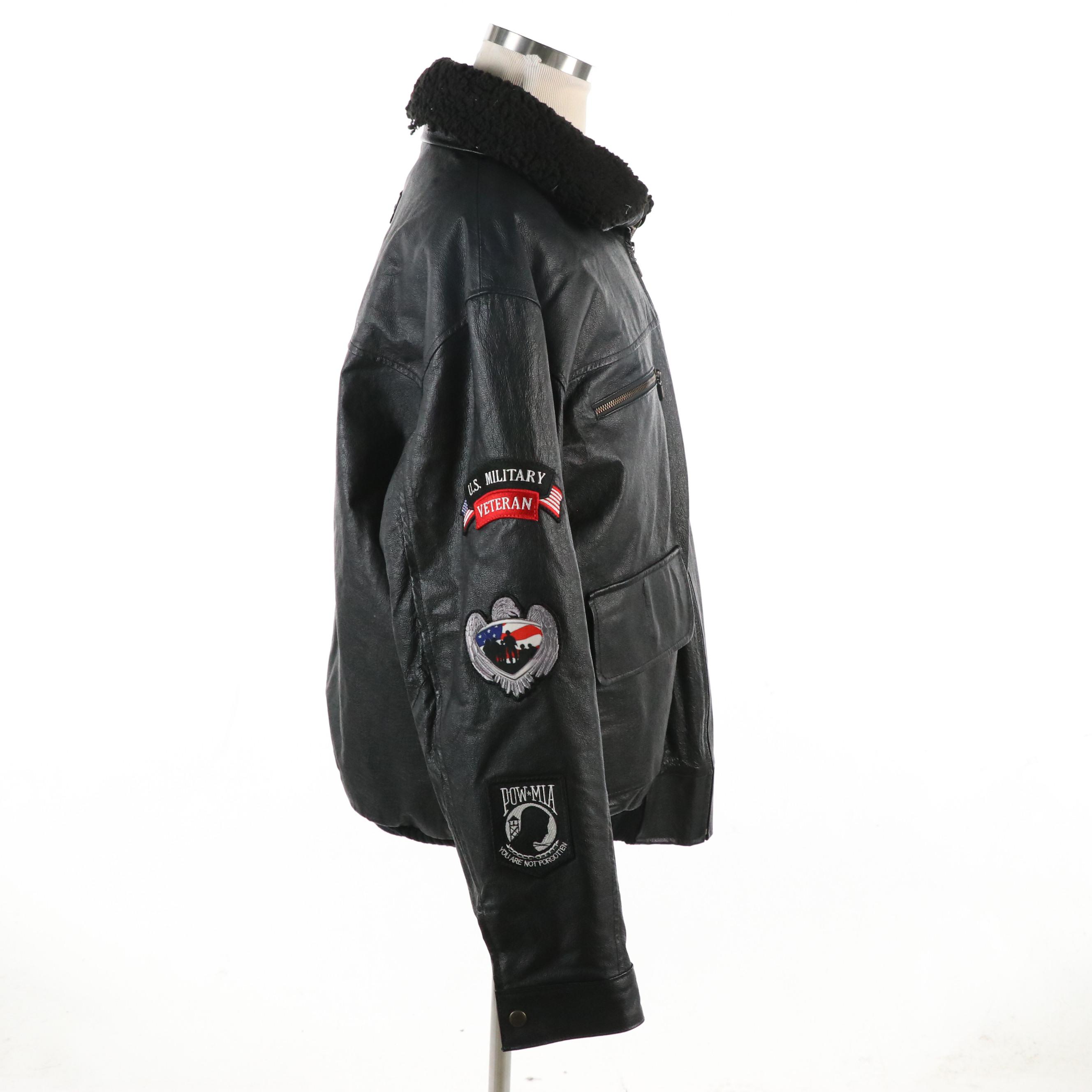 Men's The Bradford Exchange Leather Biker Jacket with Patches and Sherpa Collar