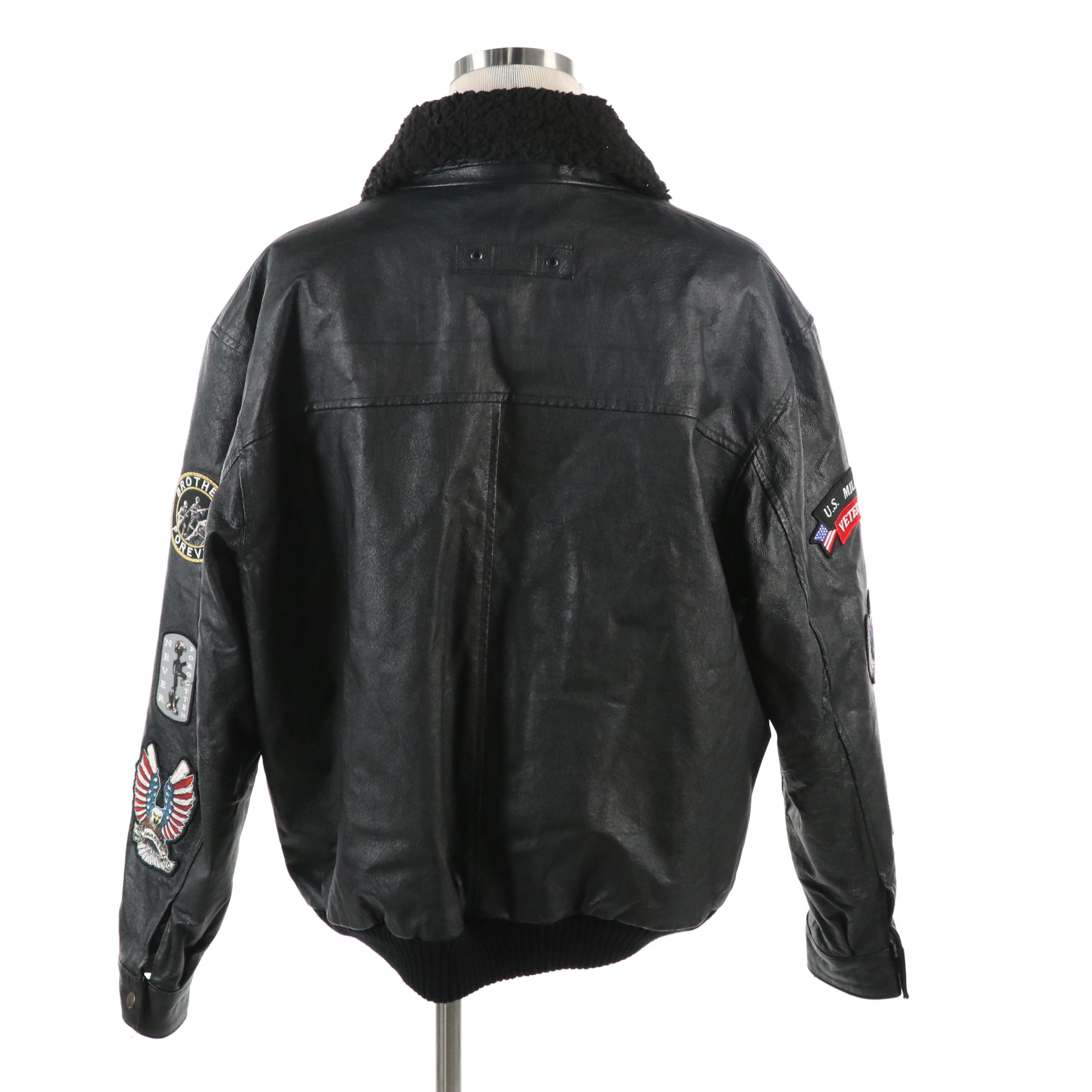 Men's The Bradford Exchange Leather Biker Jacket with Patches and Sherpa Collar