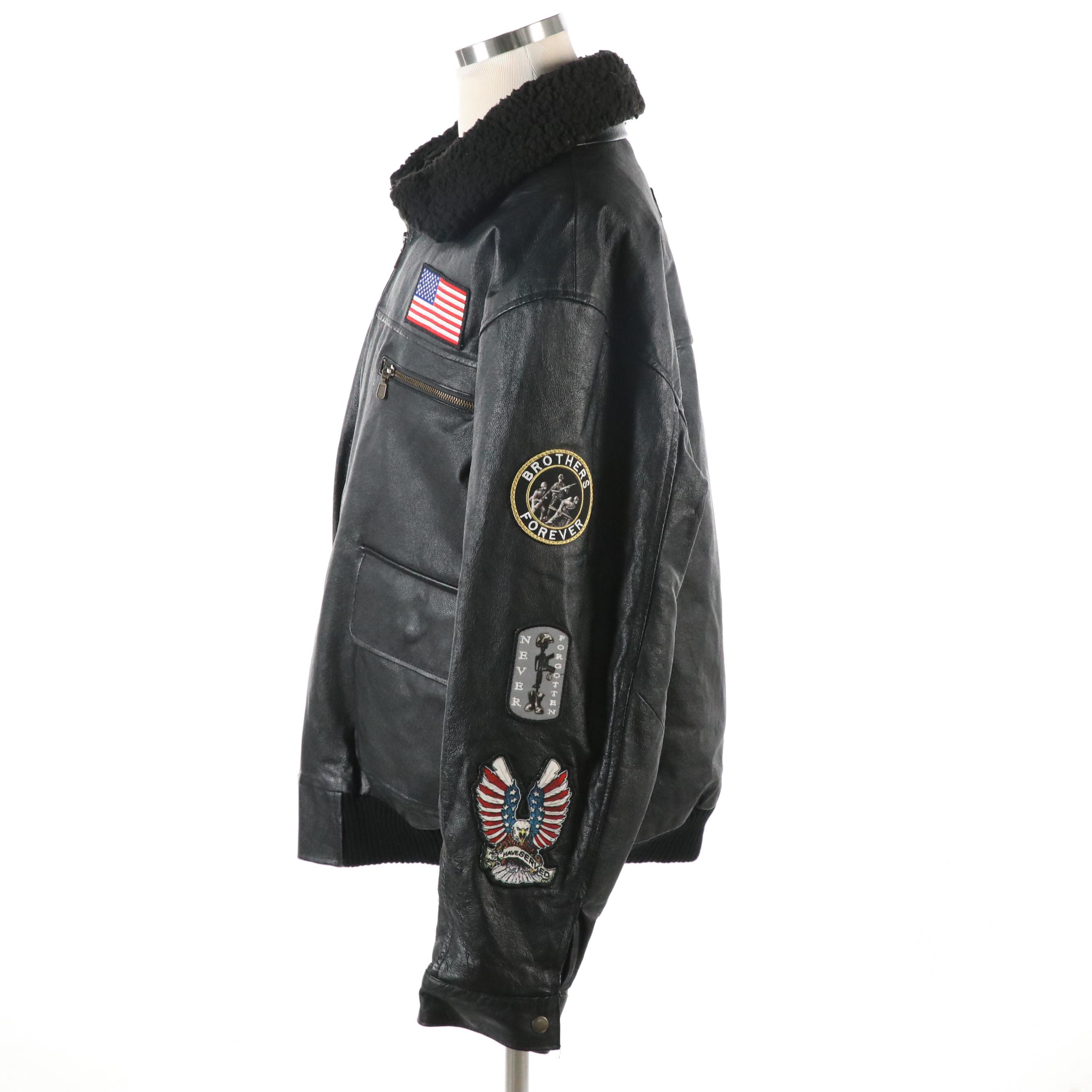 Men's The Bradford Exchange Leather Biker Jacket with Patches and Sherpa Collar