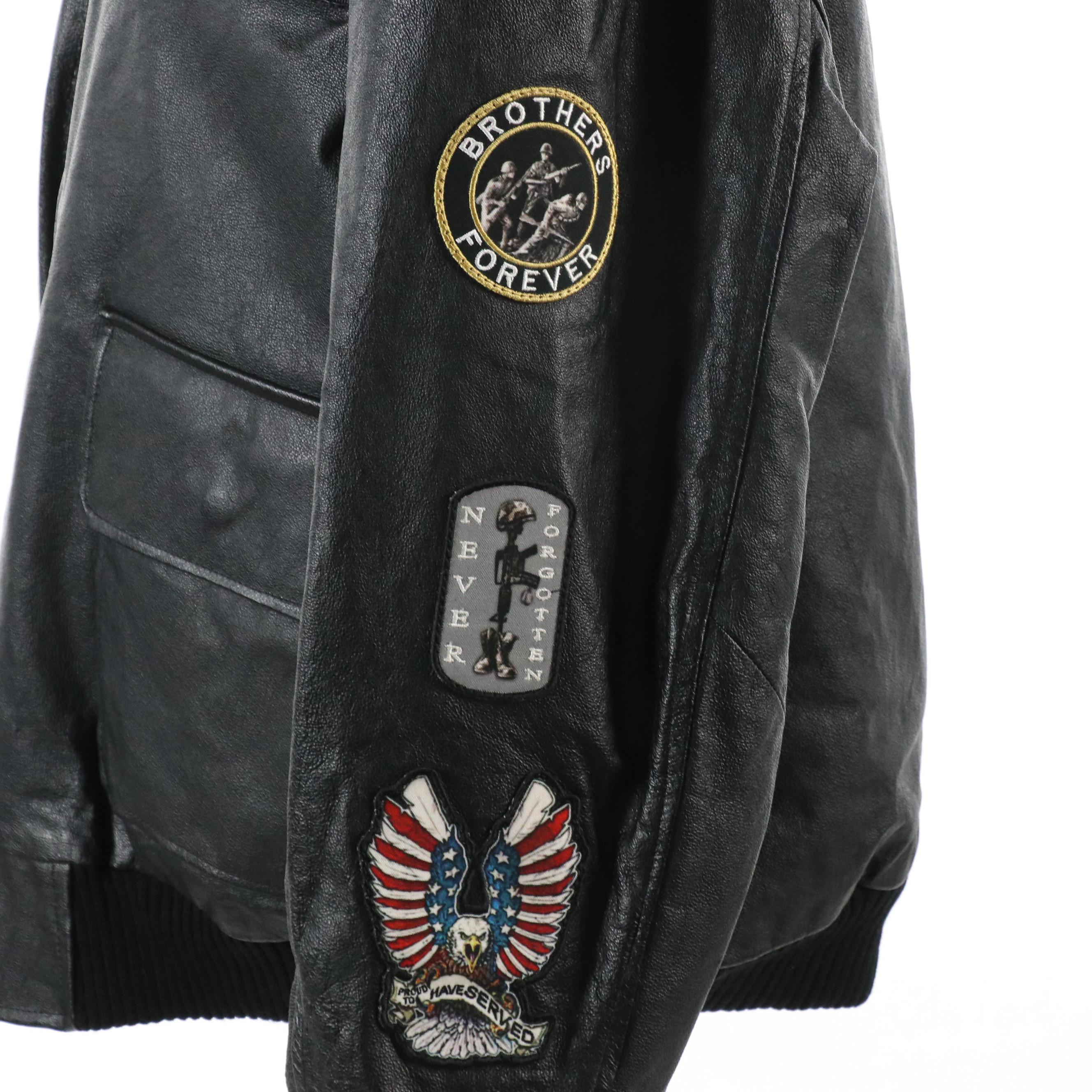 Men's The Bradford Exchange Leather Biker Jacket with Patches and Sherpa Collar
