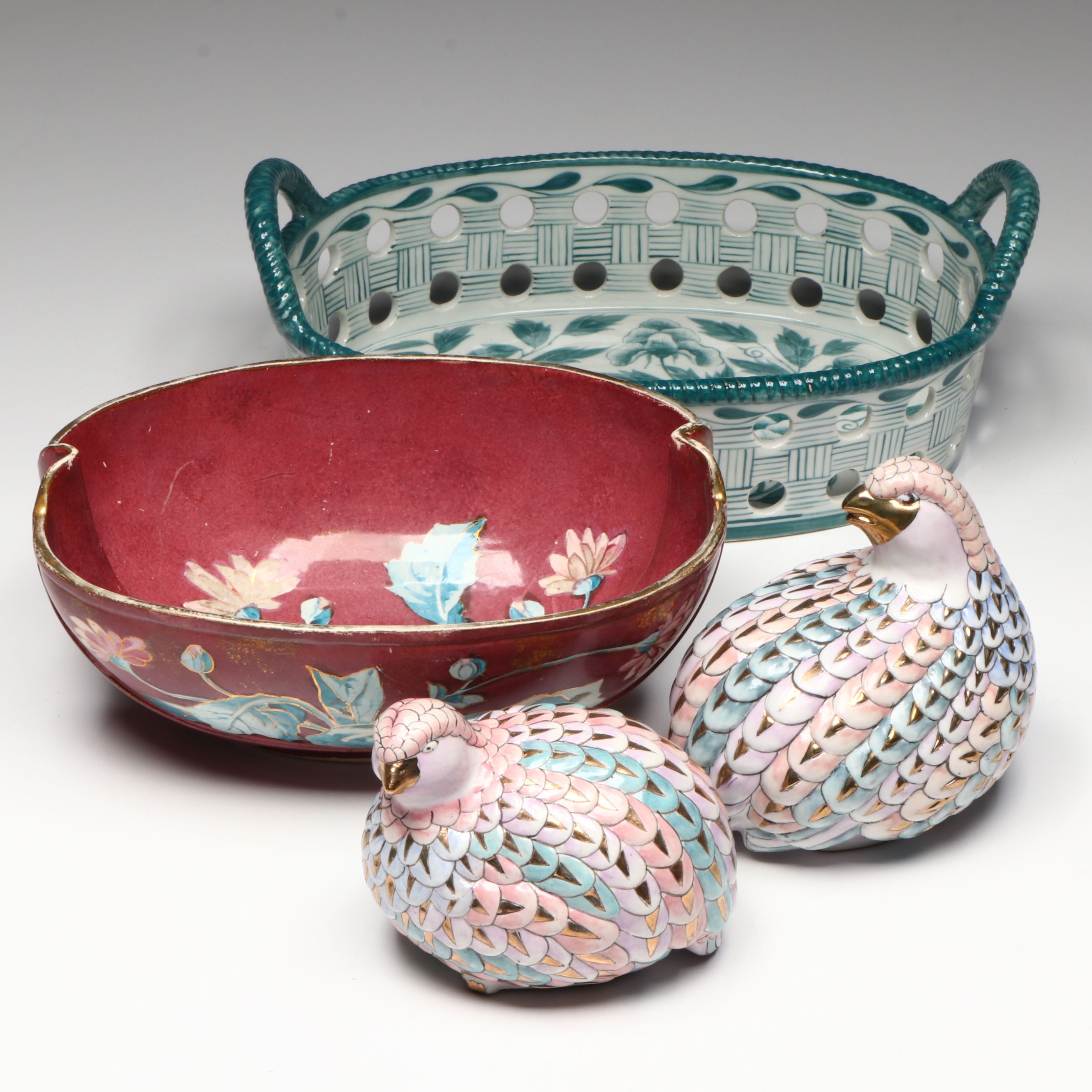Nora Fenton Porcelain Basket, Toyo Porcelain Birds, and Porcelain Floral Bowl