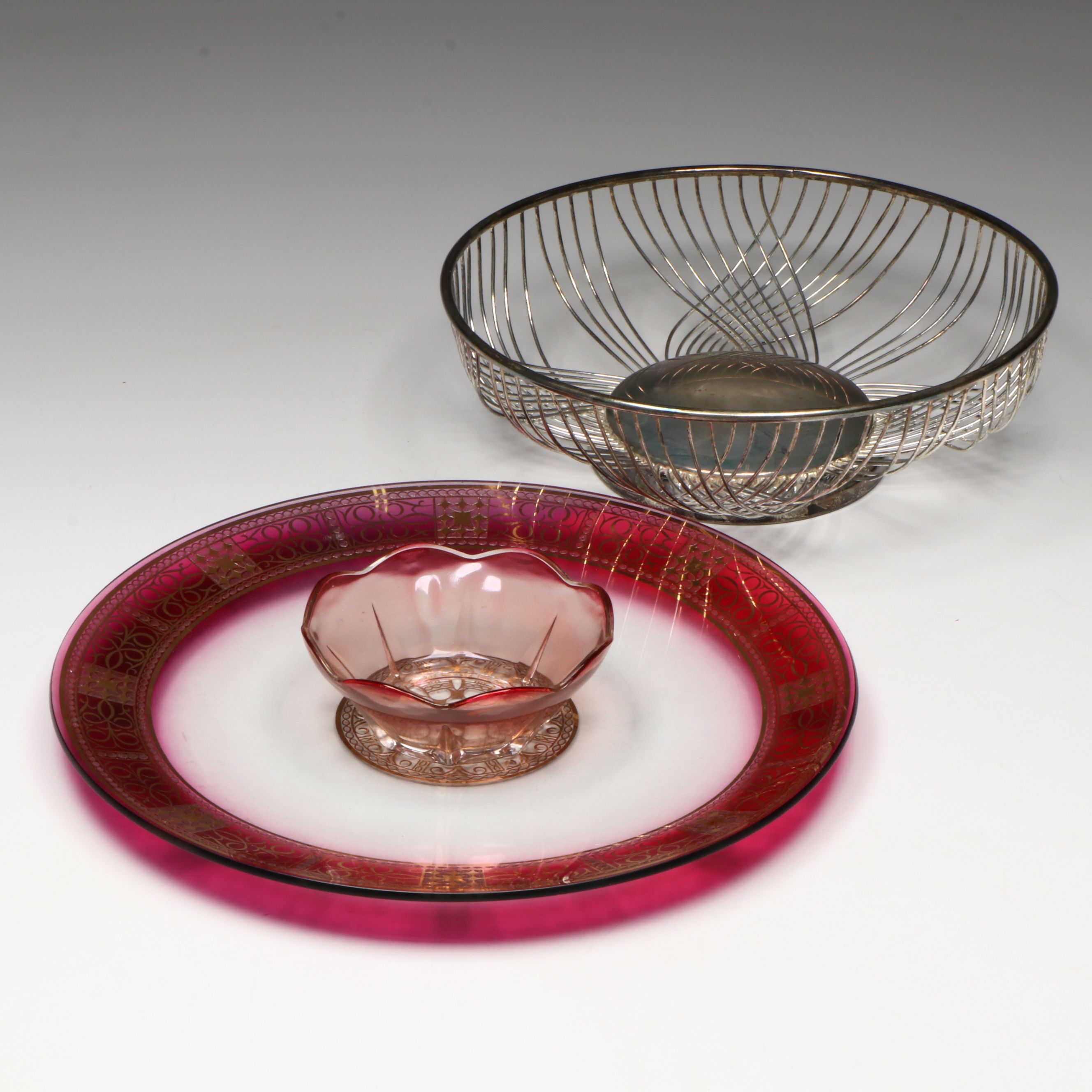 Silver Plate Fruit Basket with Gilt Glass Round Serving tray