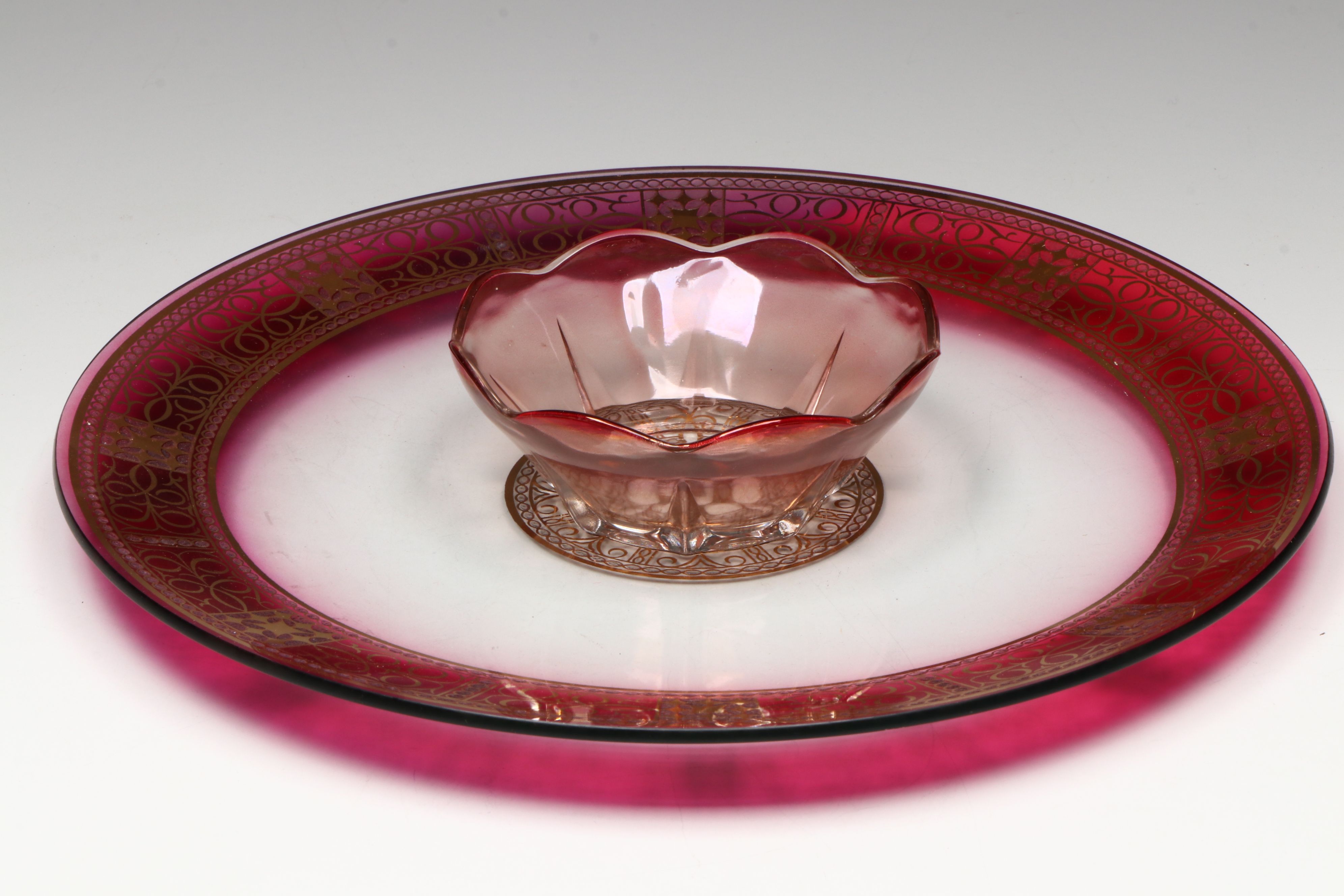 Silver Plate Fruit Basket with Gilt Glass Round Serving tray