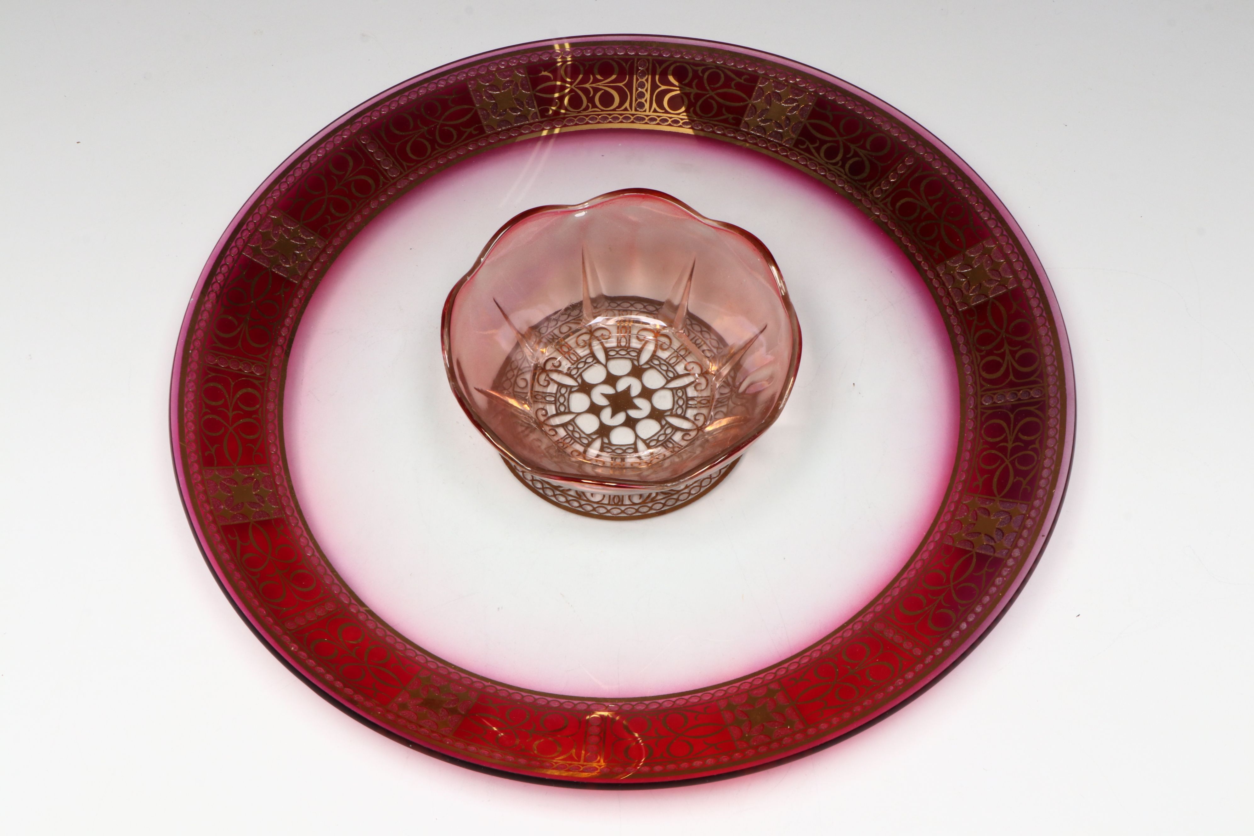 Silver Plate Fruit Basket with Gilt Glass Round Serving tray