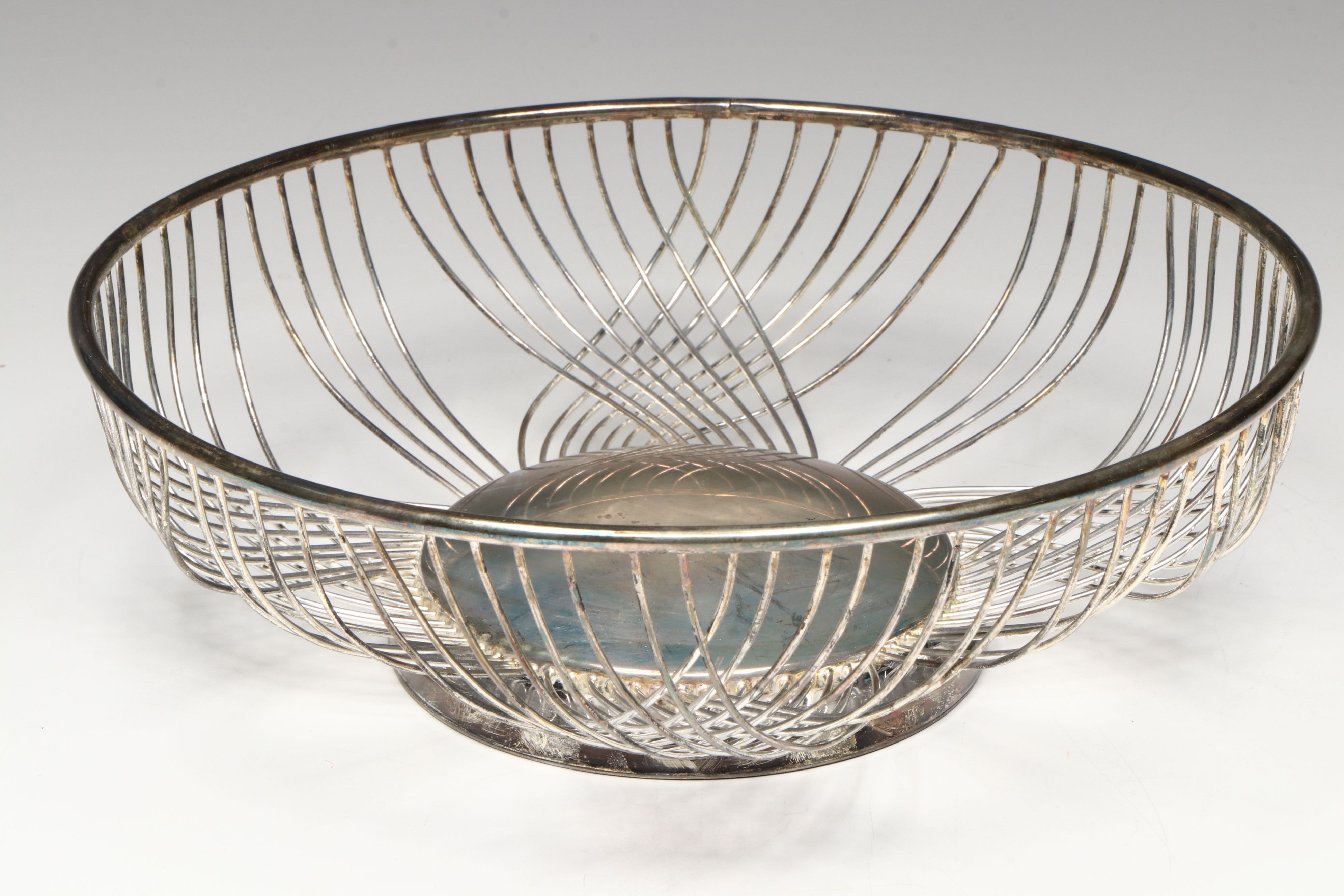 Silver Plate Fruit Basket with Gilt Glass Round Serving tray