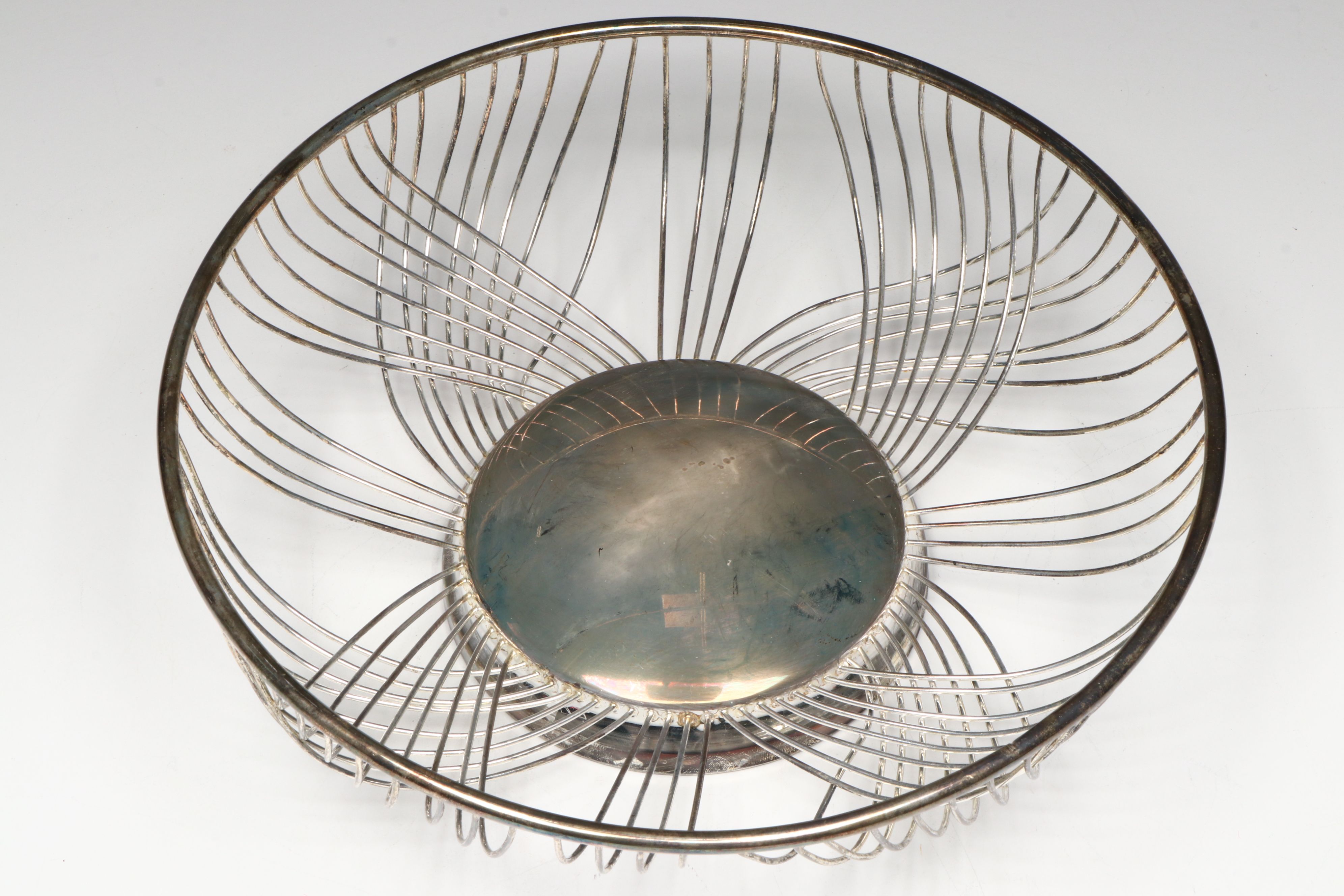 Silver Plate Fruit Basket with Gilt Glass Round Serving tray