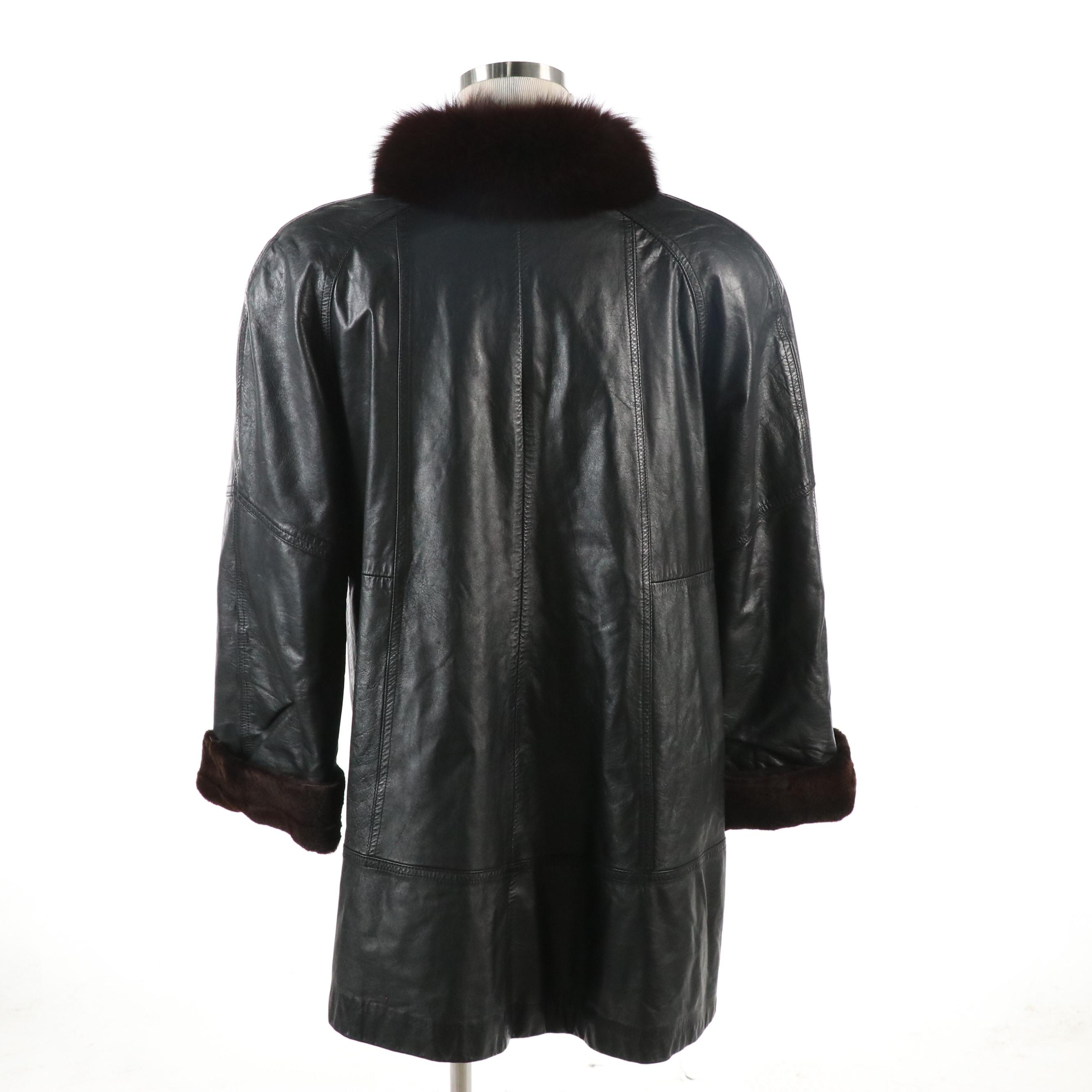 Reversible Sheared Beaver Fur/Leather Stroller Coat with Fox Fur Collar