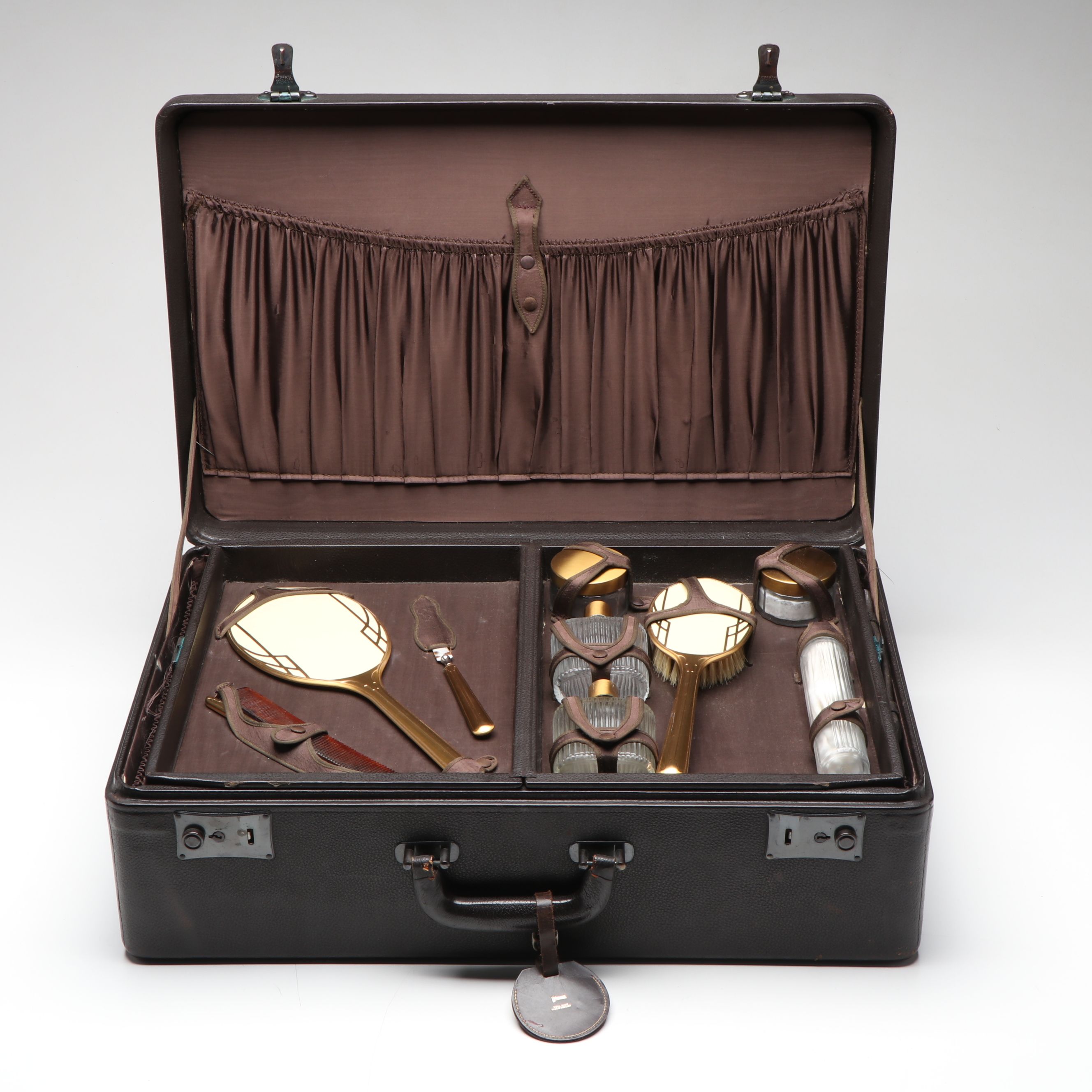 Art Deco Glass and Celluloid Vanity Set and Case, Early to Mid-20th Century