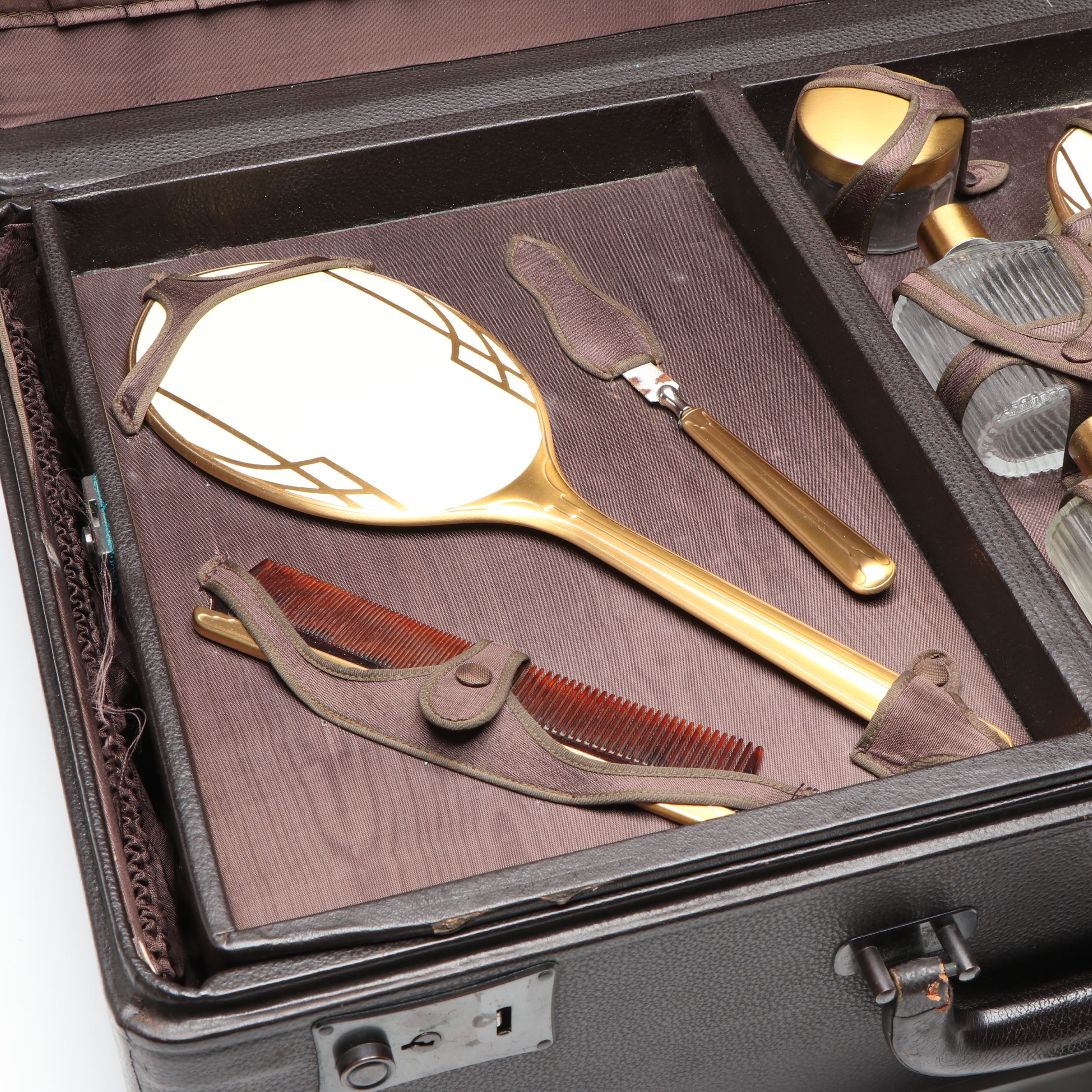 Art Deco Glass and Celluloid Vanity Set and Case, Early to Mid-20th Century