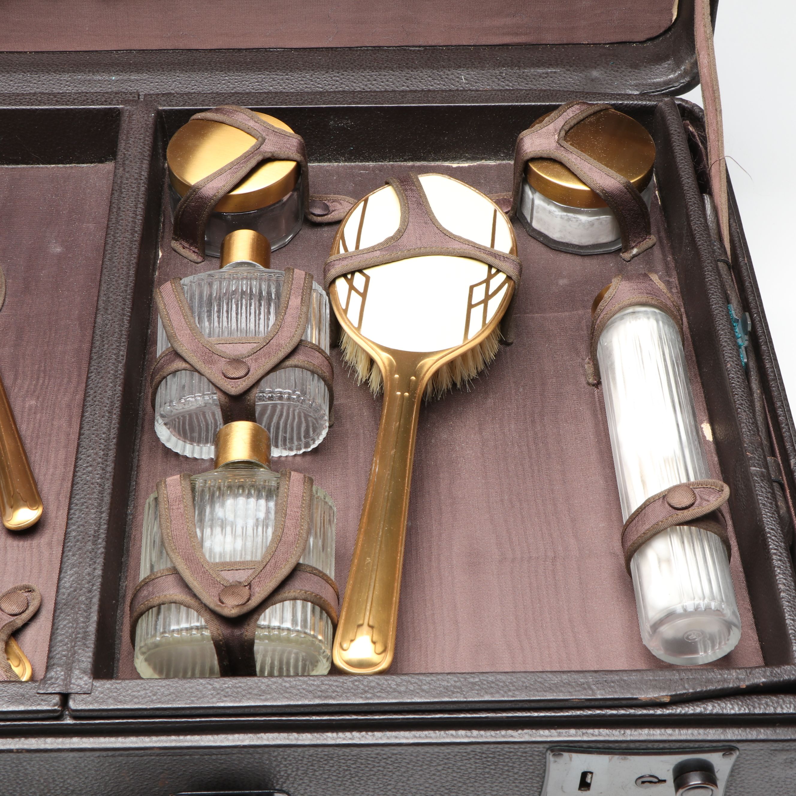 Art Deco Glass and Celluloid Vanity Set and Case, Early to Mid-20th Century