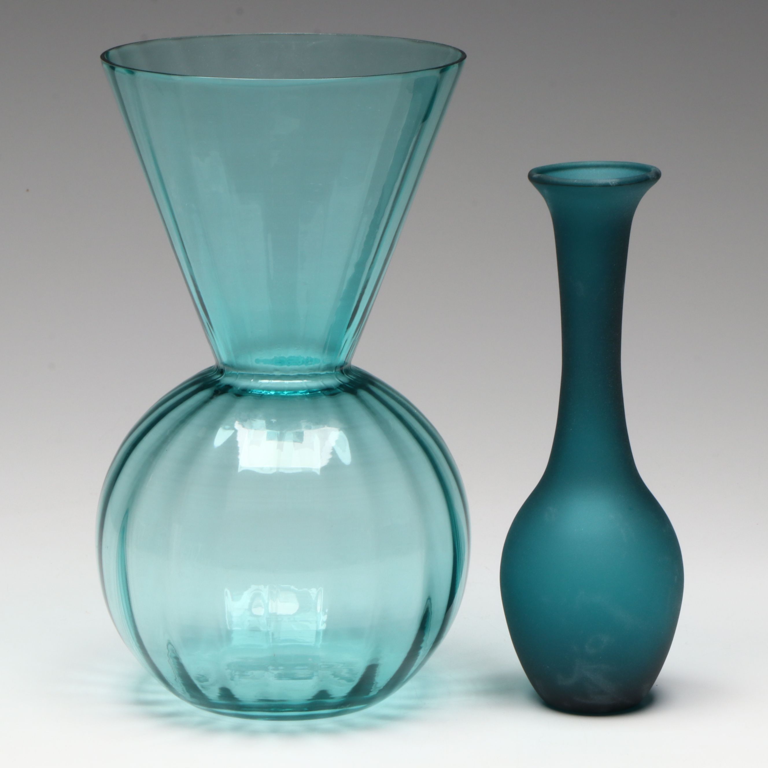 Blue Glass Vase with Blue Frosted Glass Bud Vase