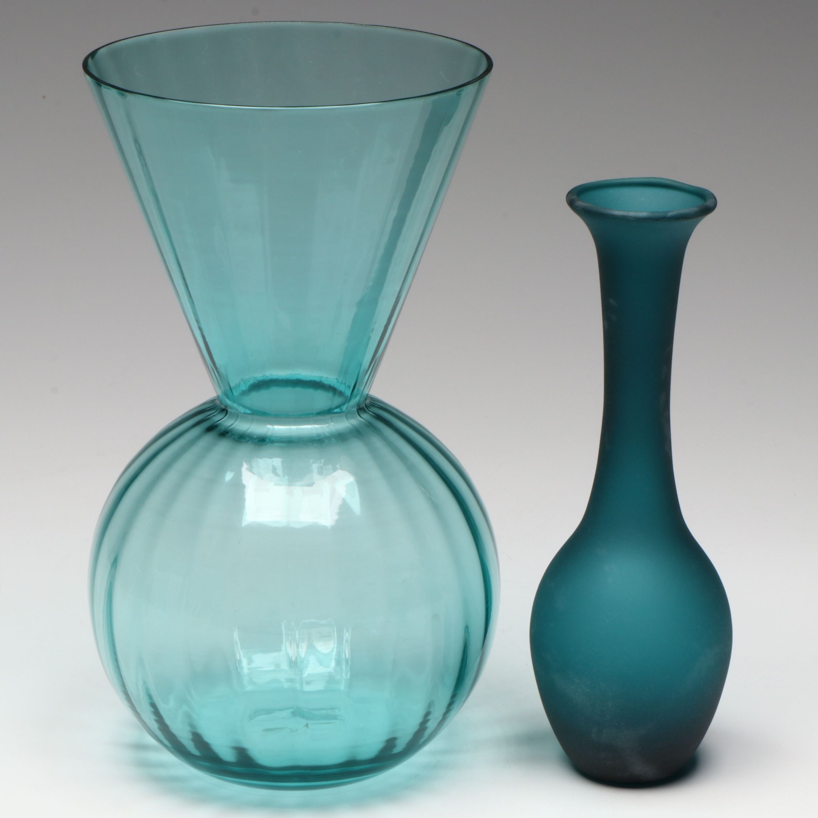 Blue Glass Vase with Blue Frosted Glass Bud Vase