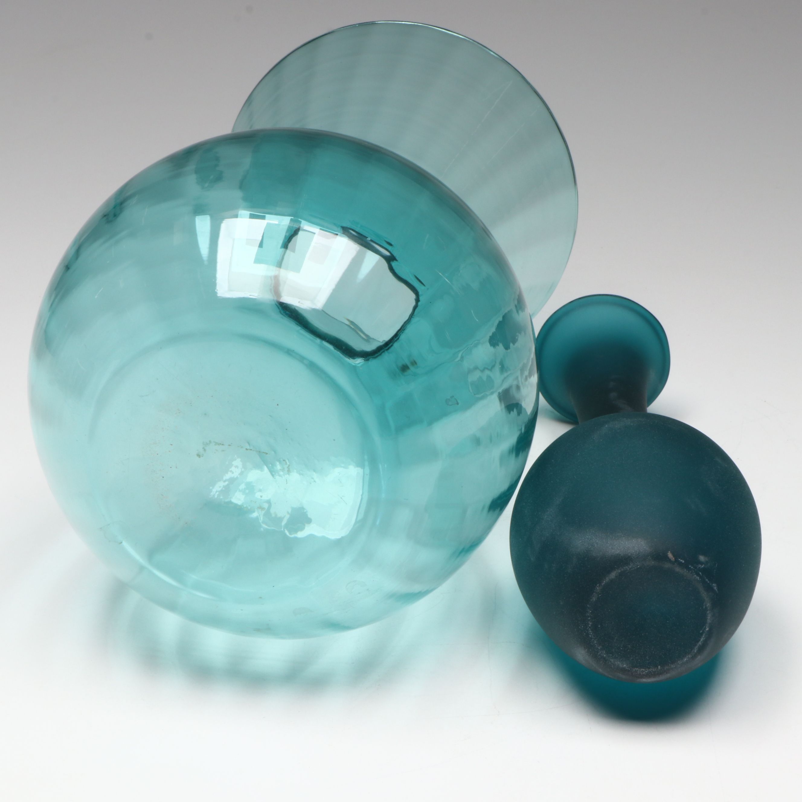 Blue Glass Vase with Blue Frosted Glass Bud Vase
