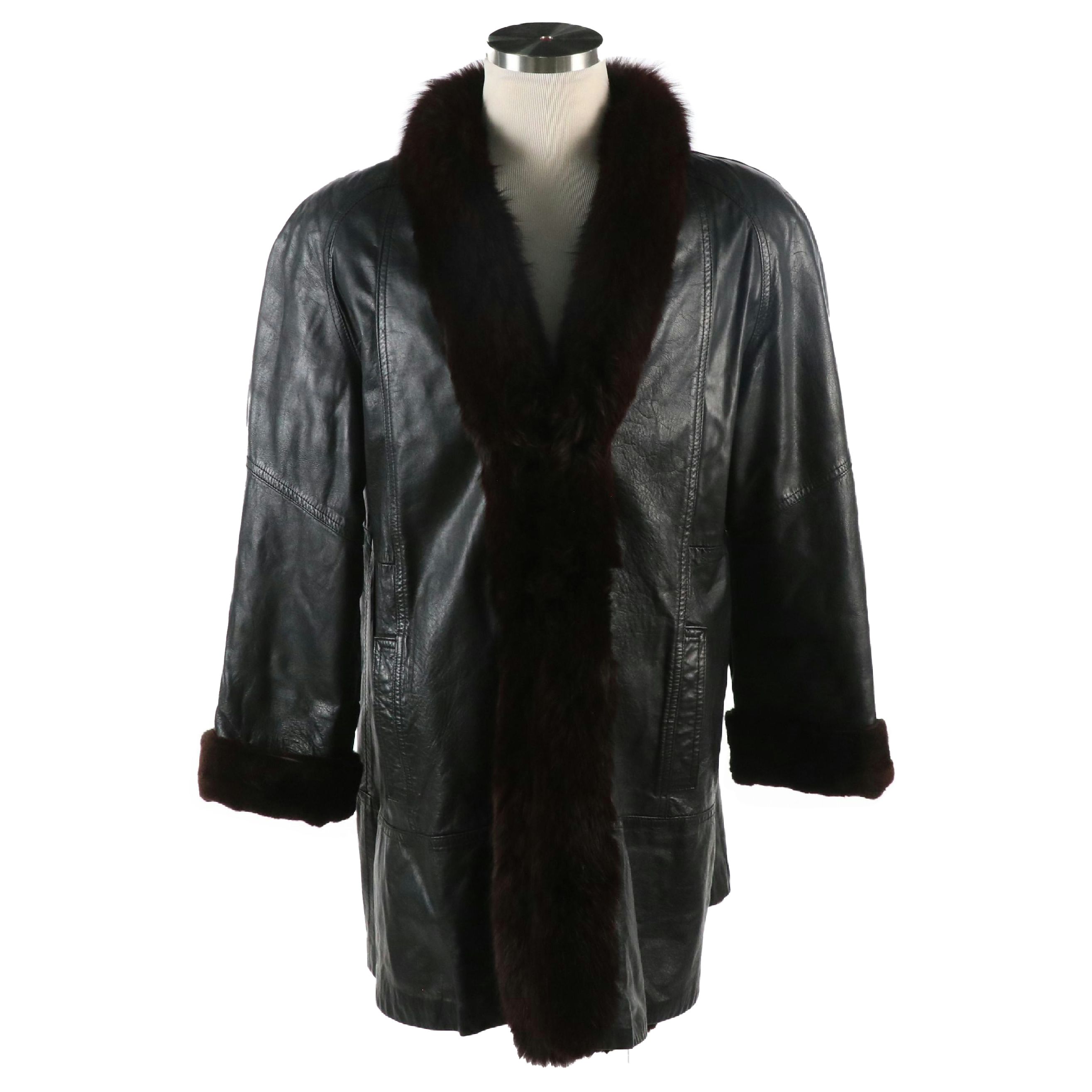 Reversible Sheared Beaver Fur/Leather Stroller Coat with Fox Fur Collar