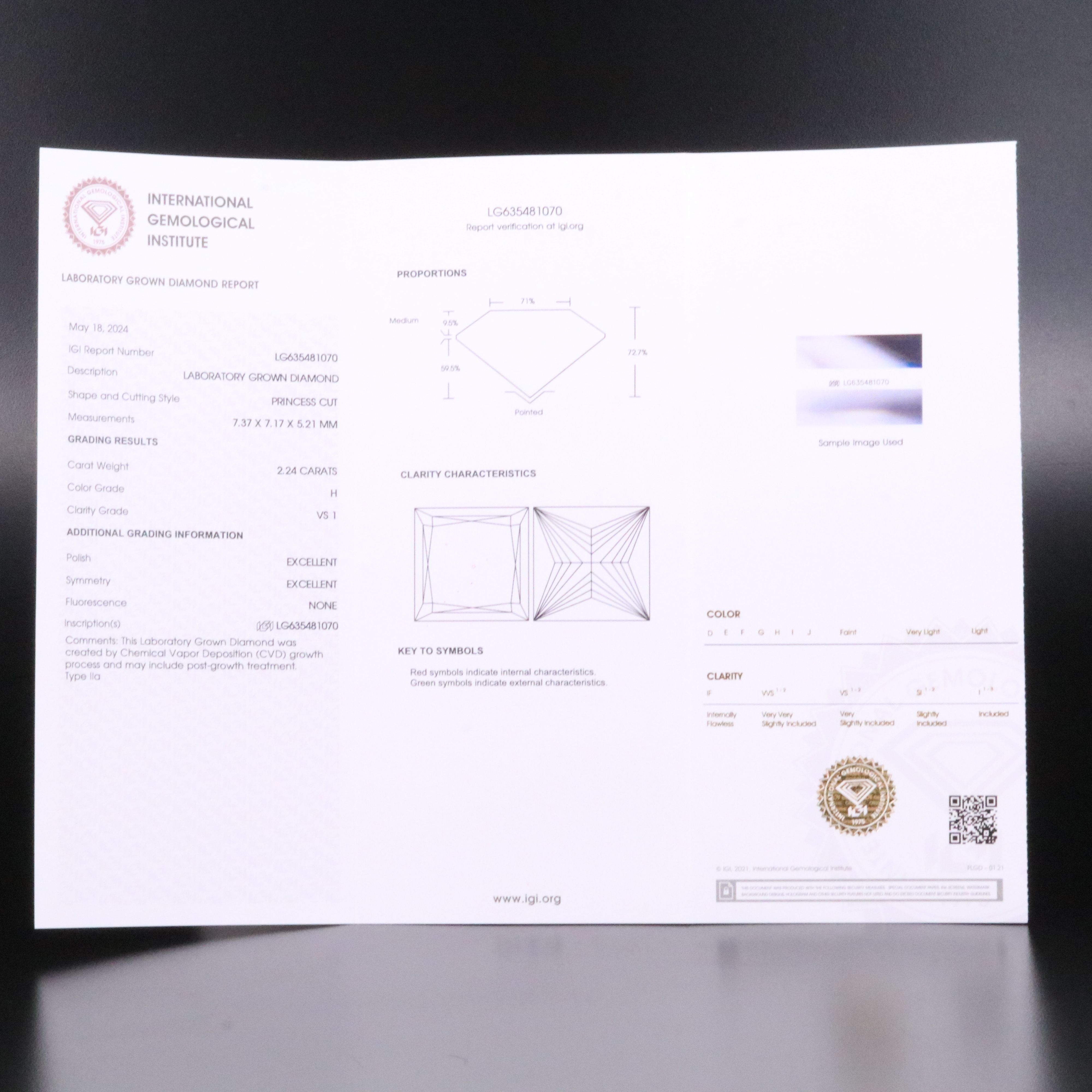 Loose 2.24 CT Lab Grown Diamond with IGI Report