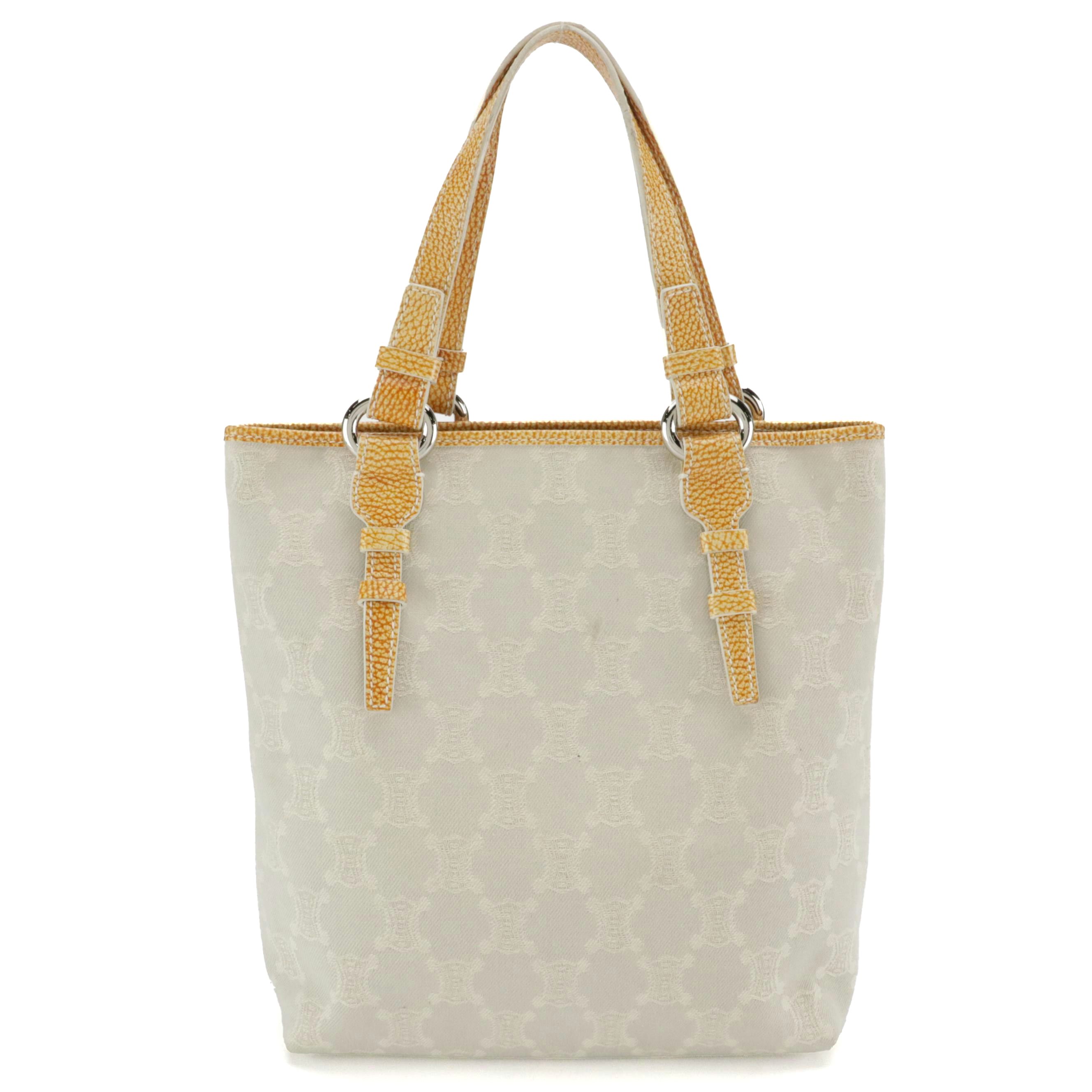 Celine Light Grey Macadam Canvas Tote Bag with Shiny Embossed Leather Trim