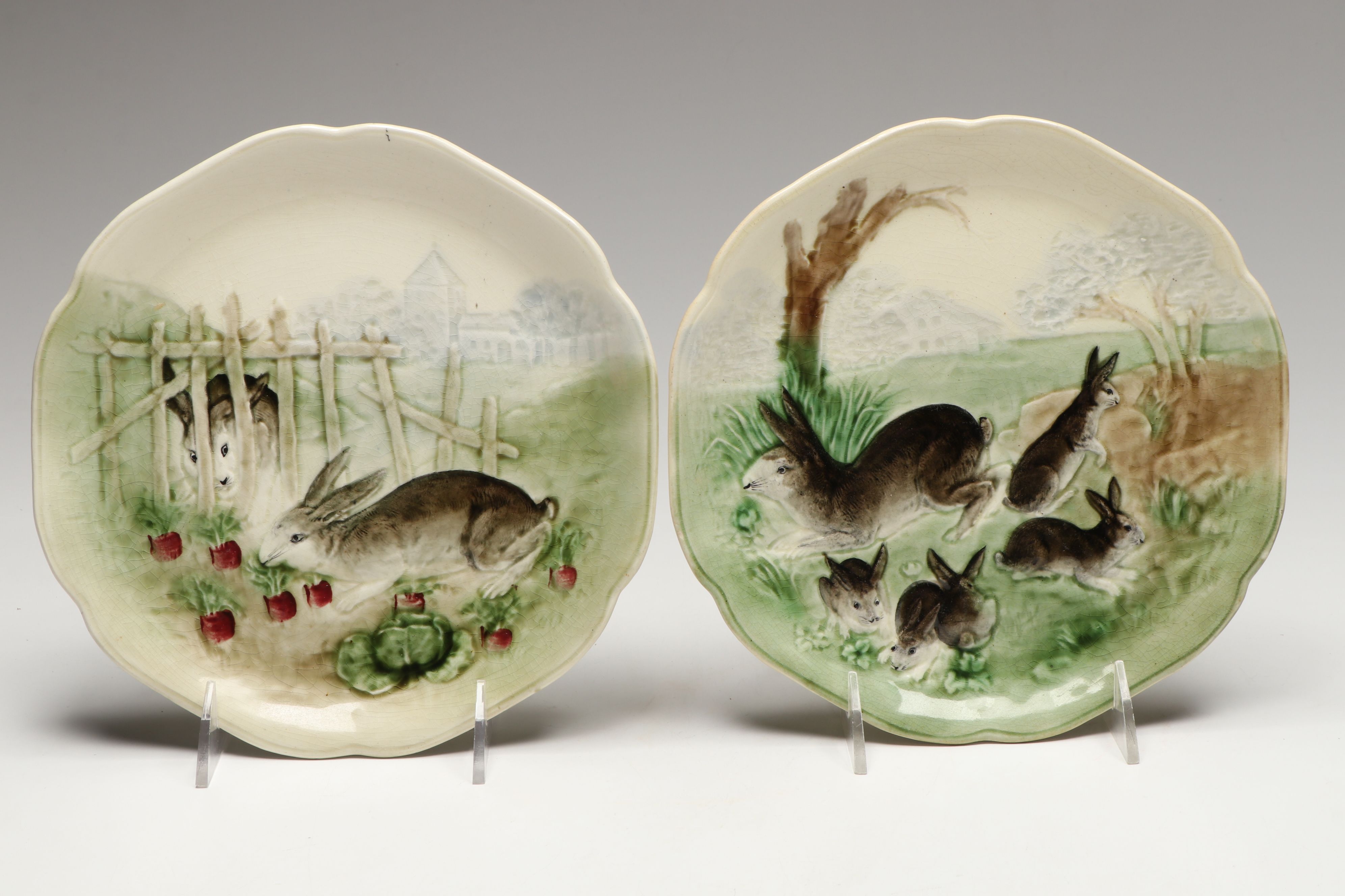 Hand-Painted French Choisy le Roi and Other Majolica Rabbit Plates