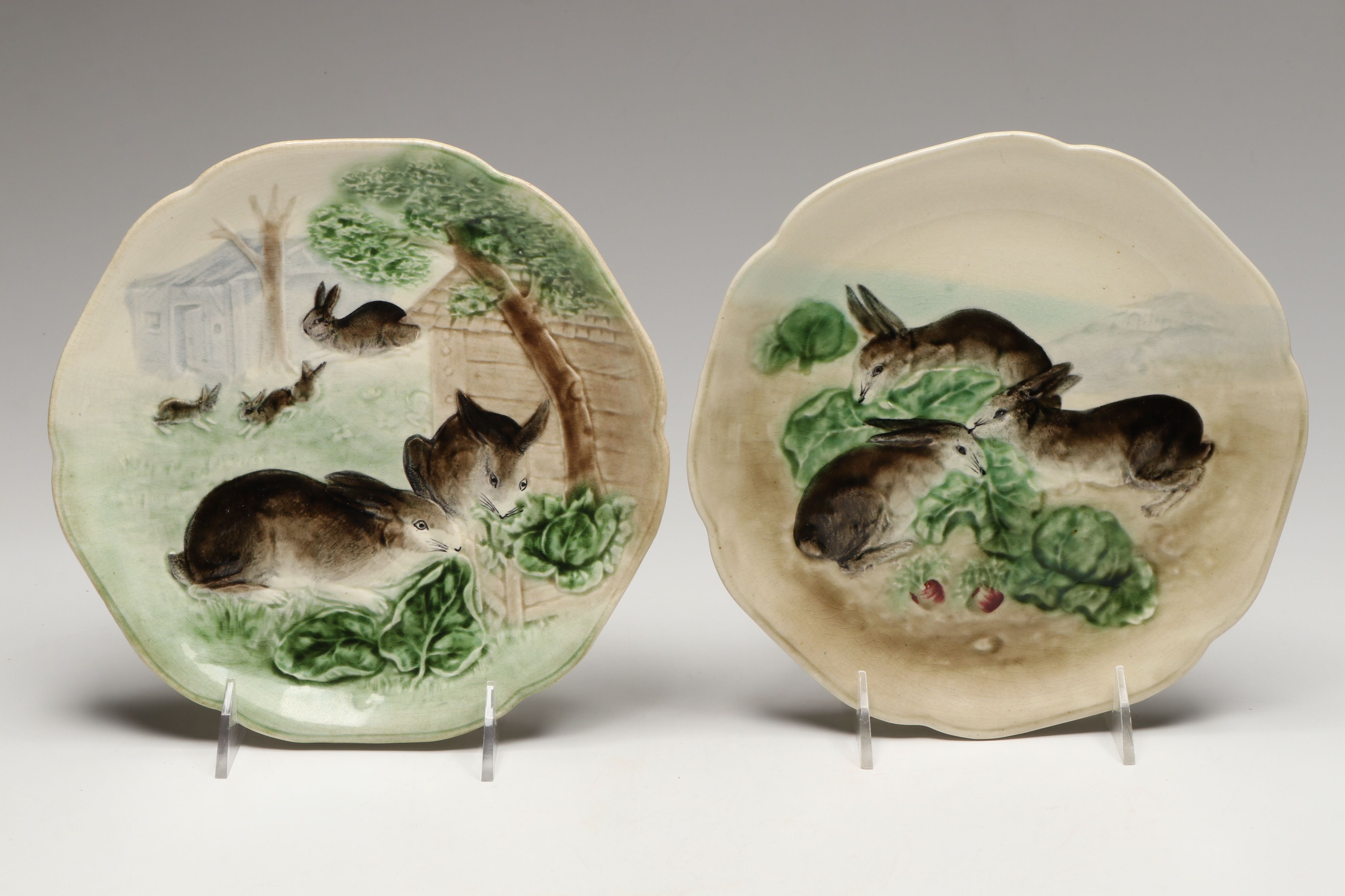 Hand-Painted French Choisy le Roi and Other Majolica Rabbit Plates