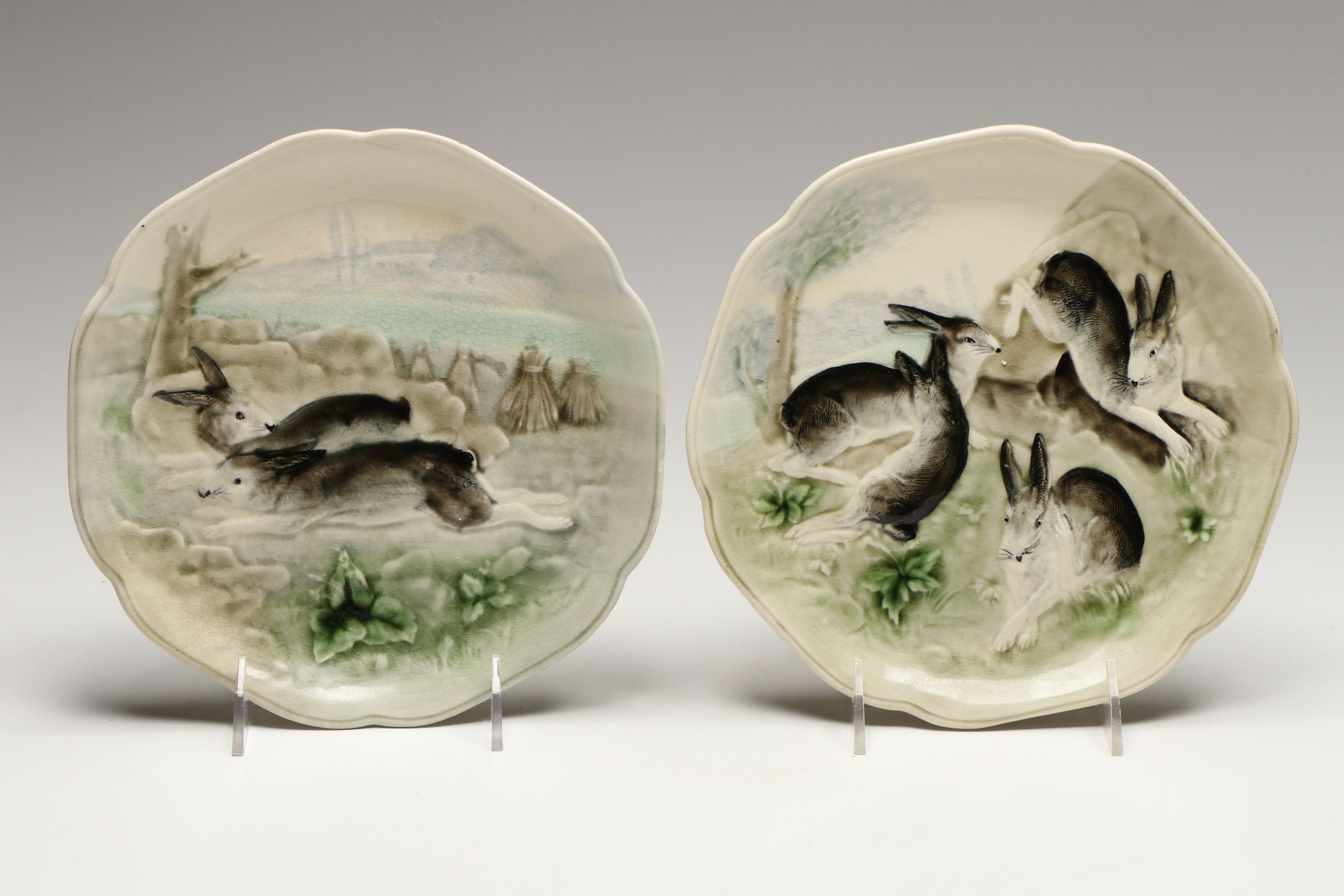 Hand-Painted French Choisy le Roi and Other Majolica Rabbit Plates