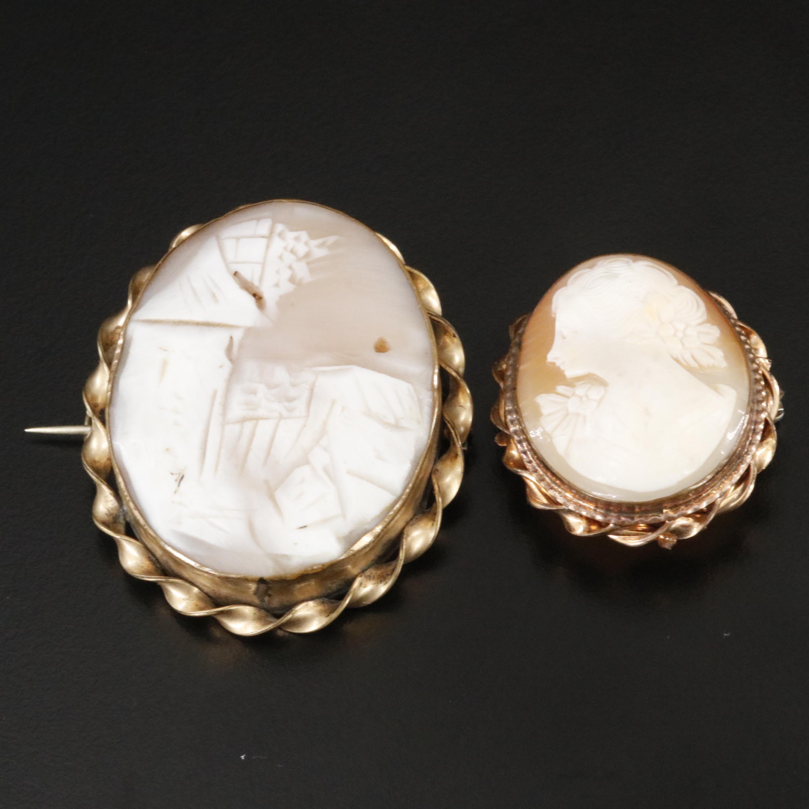 Shell Cameo Landscape and Gold-Filled Portrait Brooches