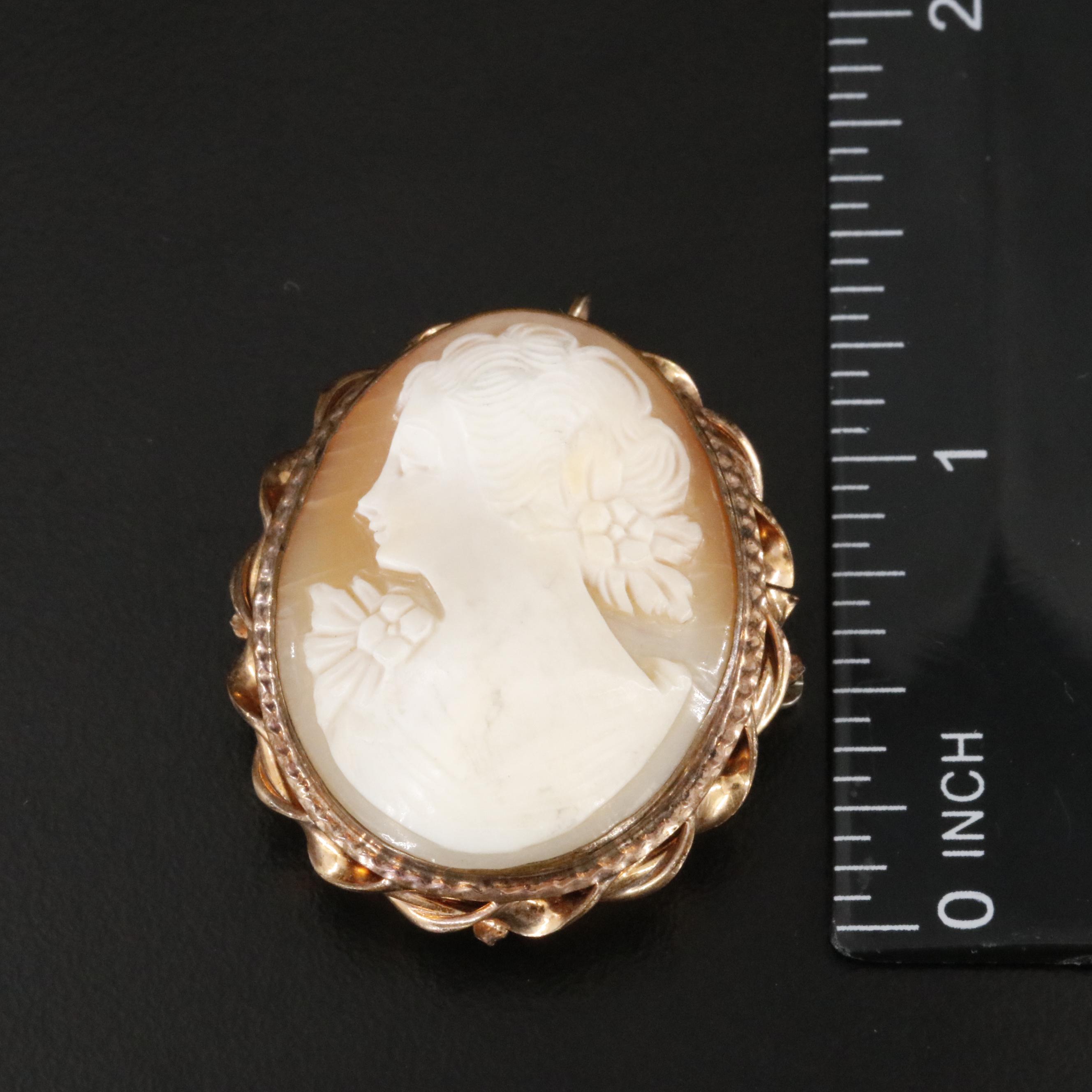 Shell Cameo Landscape and Gold-Filled Portrait Brooches