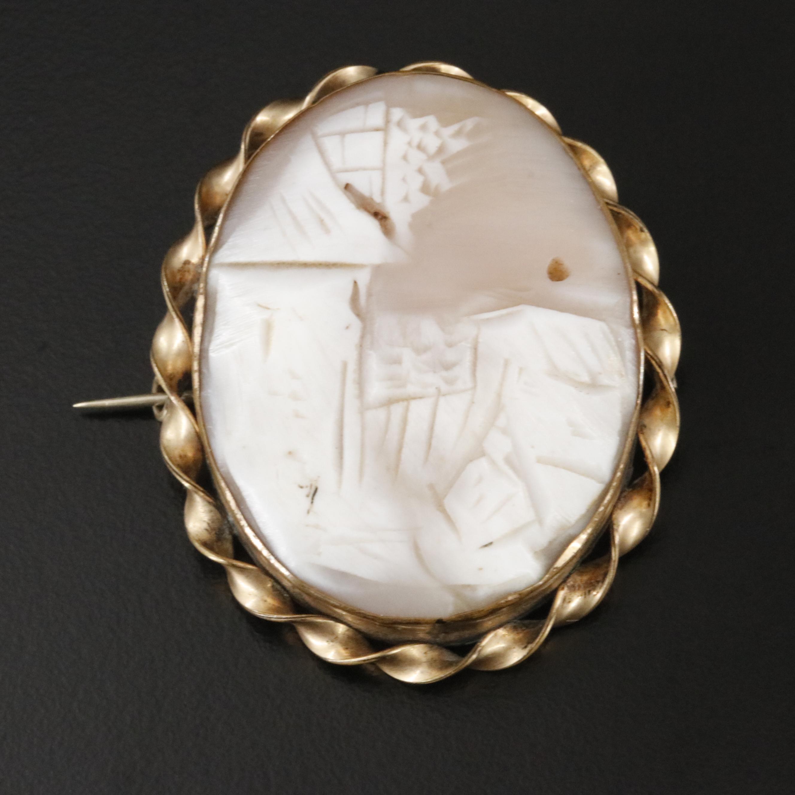Shell Cameo Landscape and Gold-Filled Portrait Brooches