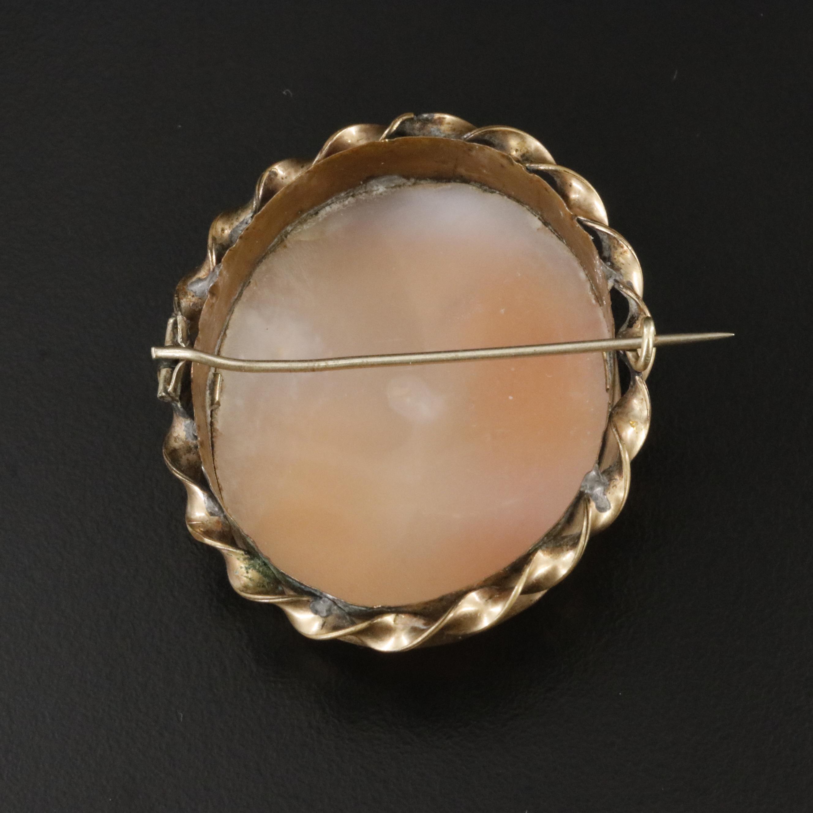 Shell Cameo Landscape and Gold-Filled Portrait Brooches