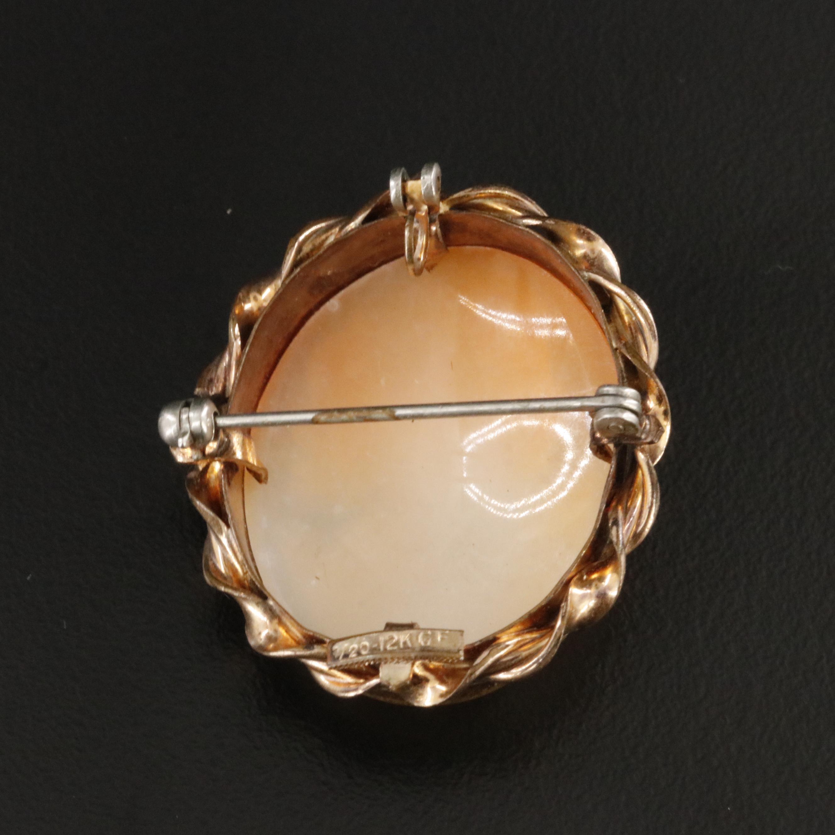 Shell Cameo Landscape and Gold-Filled Portrait Brooches