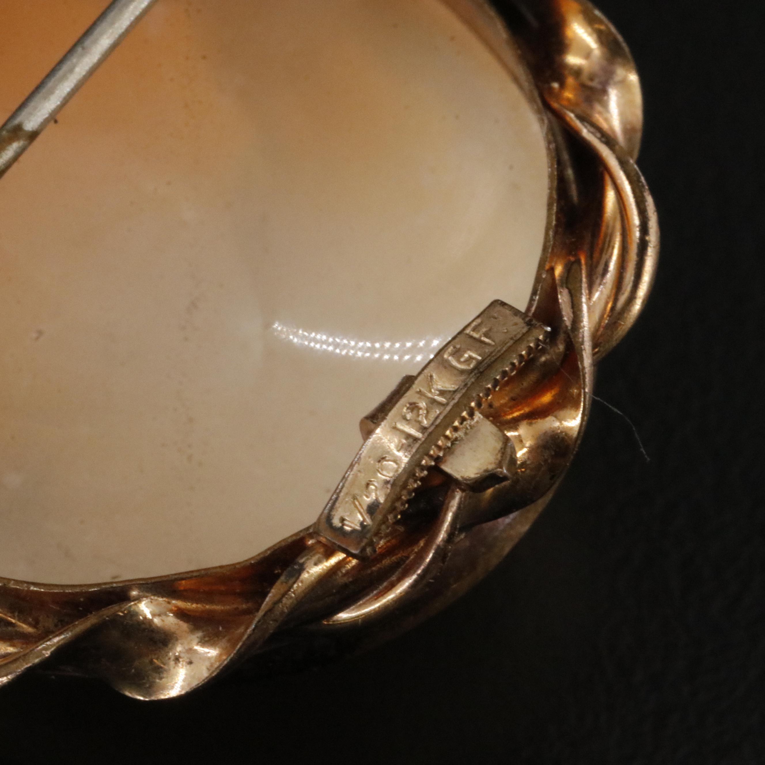 Shell Cameo Landscape and Gold-Filled Portrait Brooches