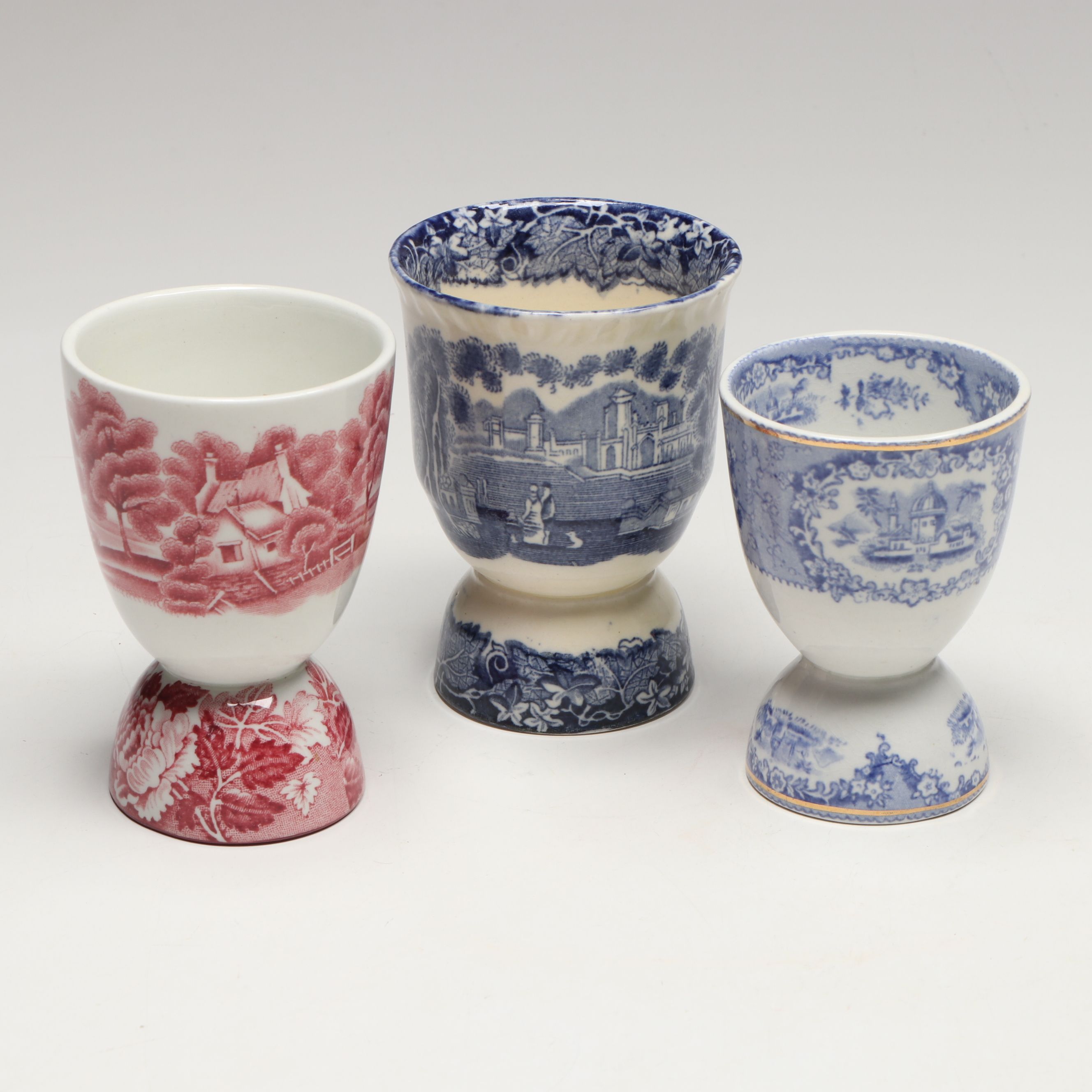 Mason's "Vista" and Other Egg Cups with Hand-Painted Antique Tea Cup Sets
