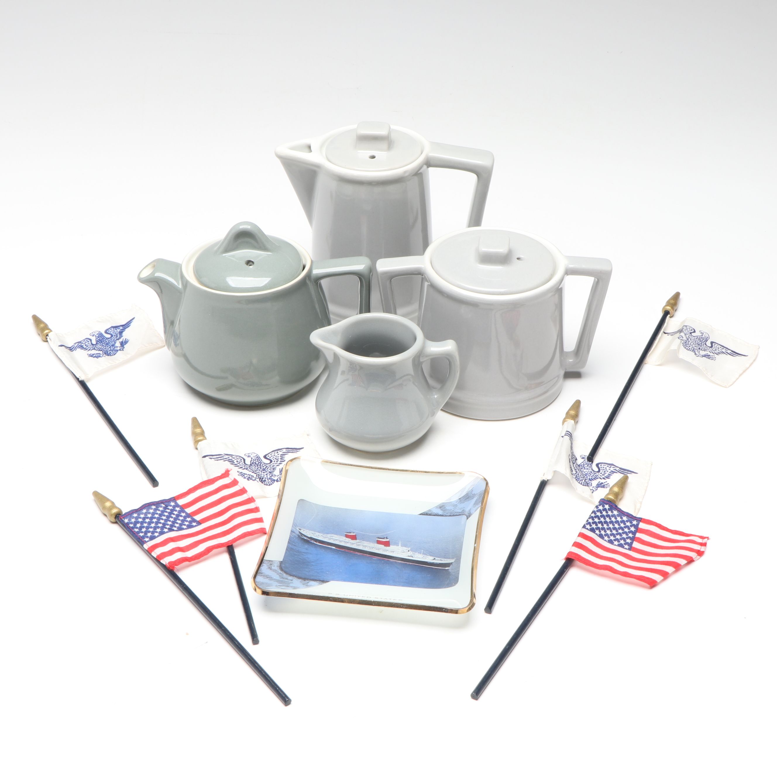 SS United States Photographic Dish with Hall China Tea/Coffee Service and Flags
